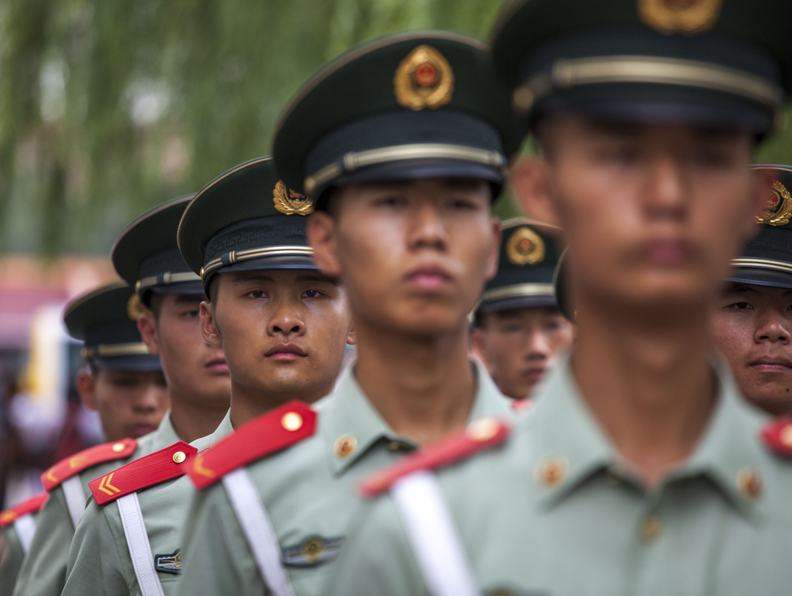 Chinese soldiers marching in the streets of Beijing China