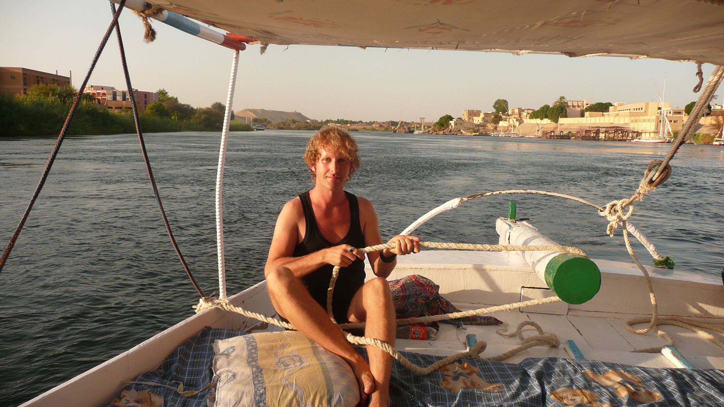 Ben sailing felucca on Nile in Egypt