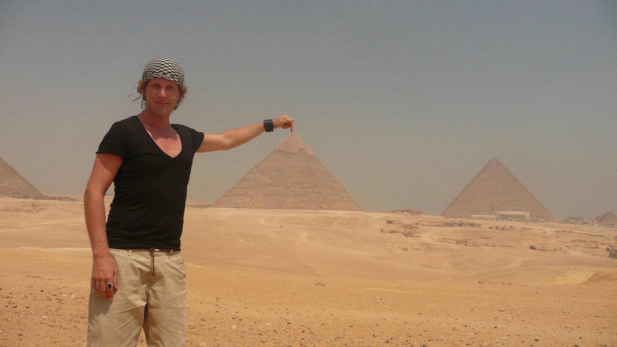 Ben with finger on pyramid Giza Egypt