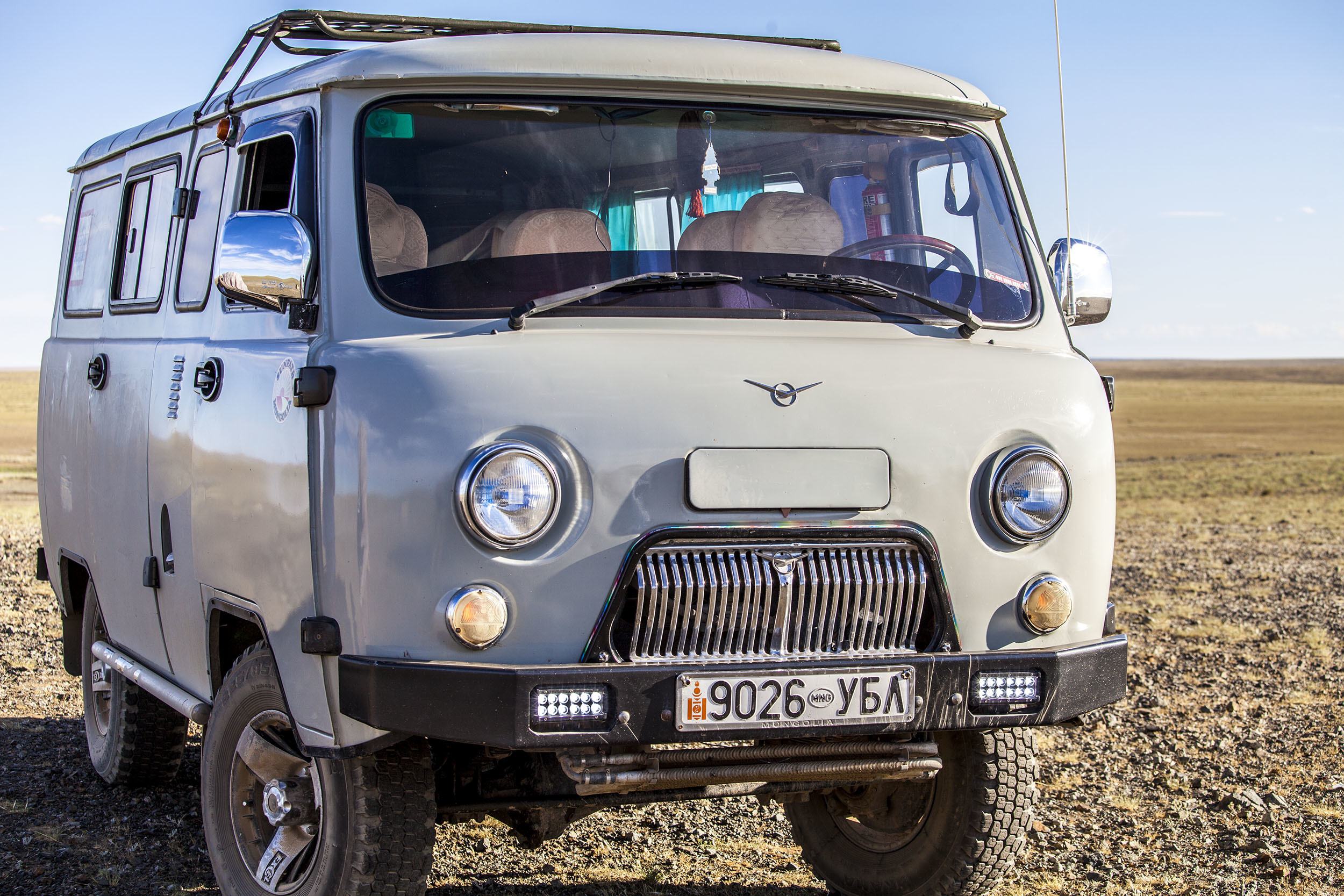 Grey Russian van used in Gobi Desert Mongolia