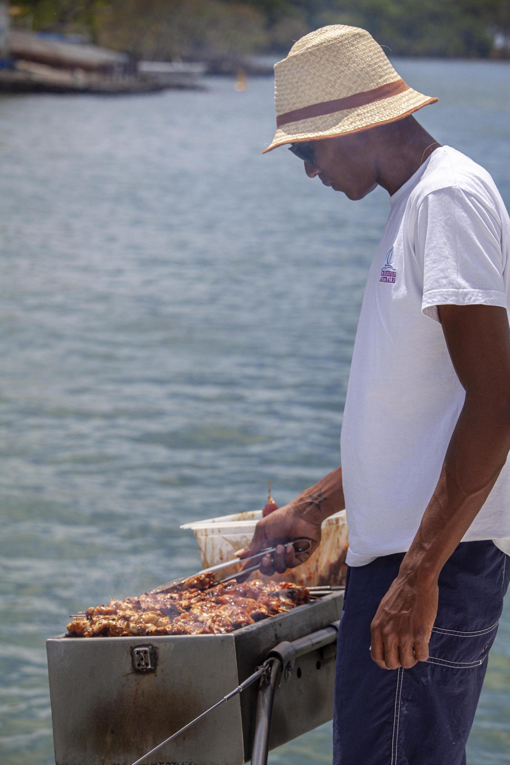 Mauritian cooking barbeque on catamaran Ile des Cerfs Mauritius