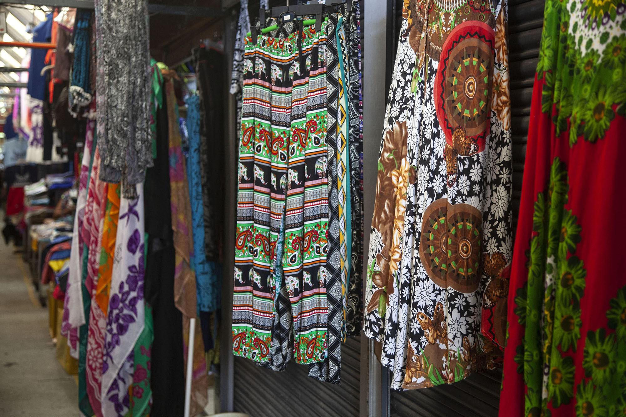 hippy pants hanging in Grand Bazar Grand Baie Mauritius