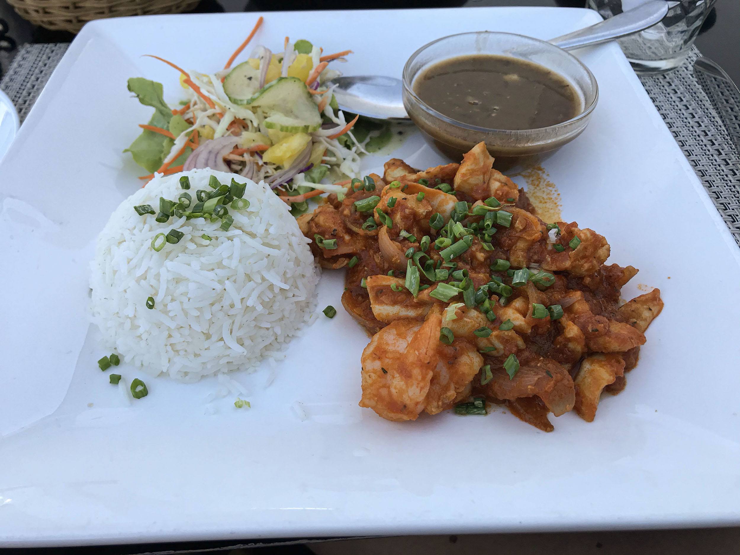 prawn and chicken Creole curry with rice in Mauritius