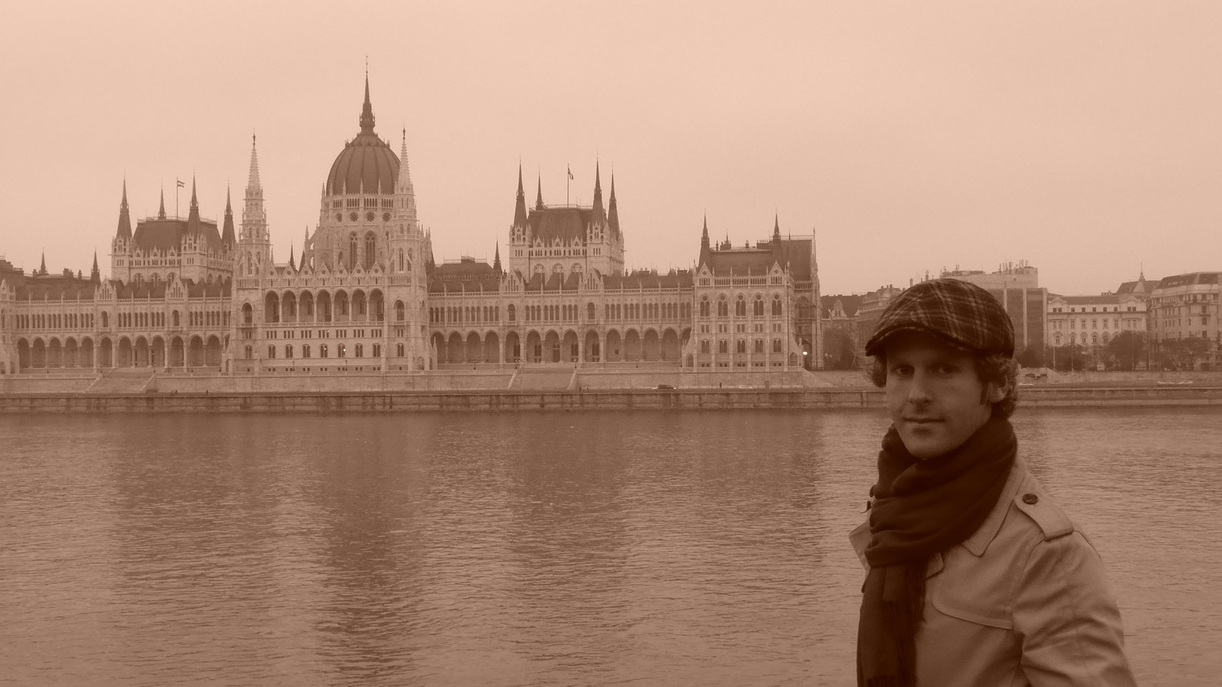 Ben across the Danube from Parliament Building in Budapest Hungary