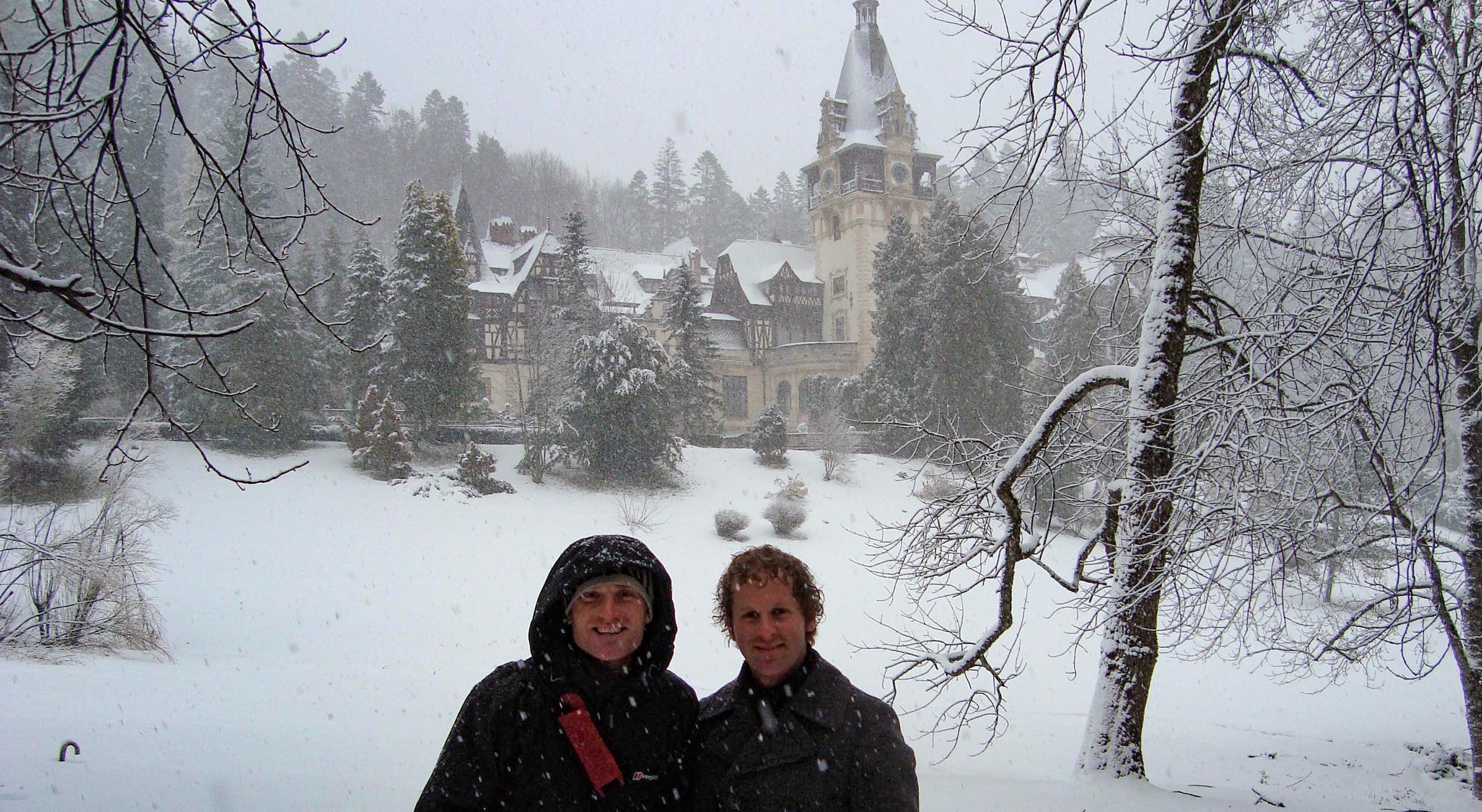 Ben and Ben outside Peles Castle Romania