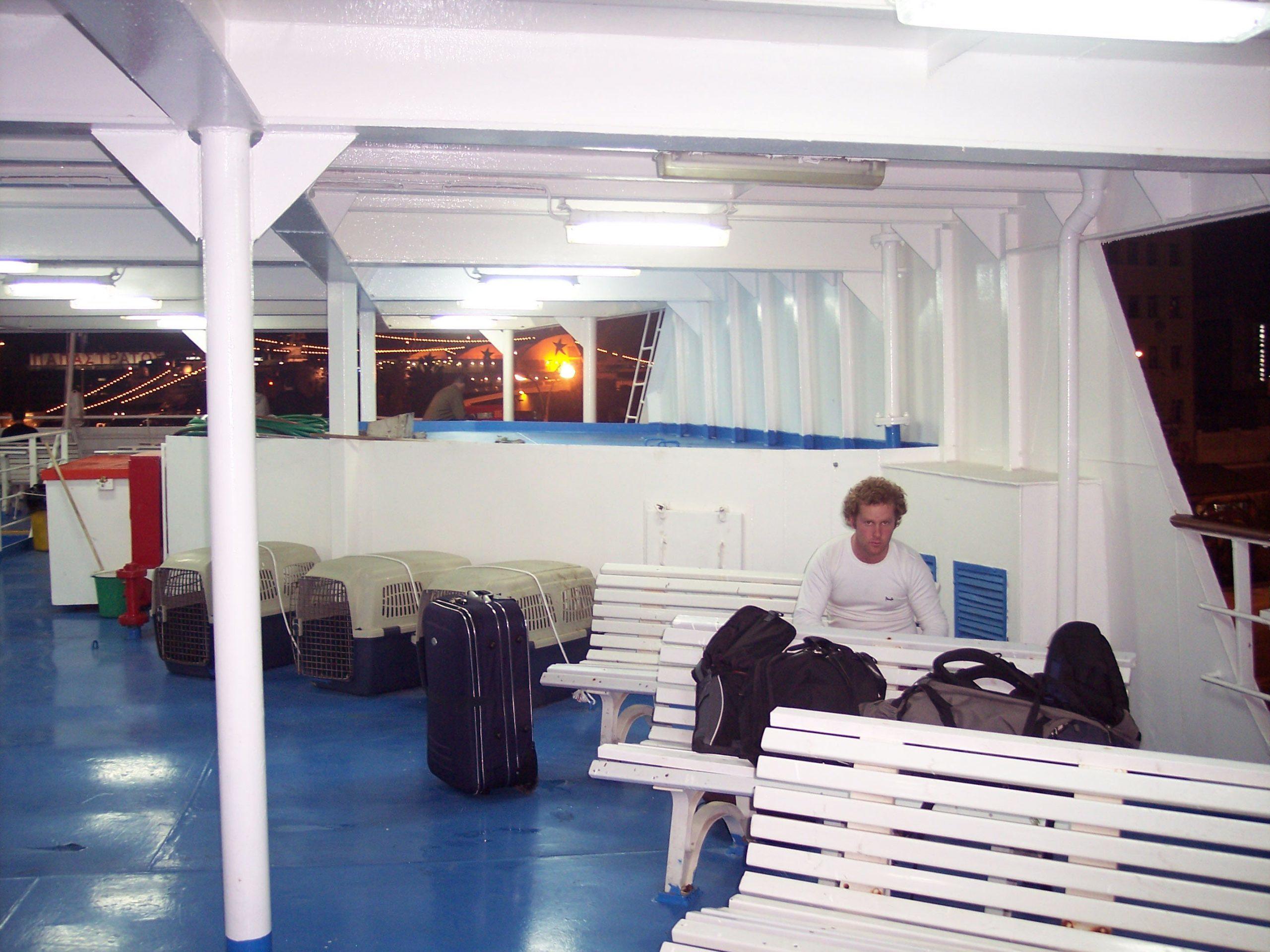 Ben on night ferry between Athens and Santorini in Greece