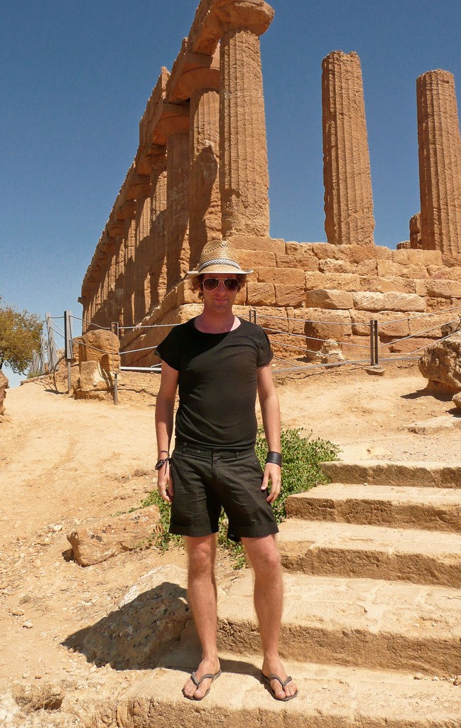 Ben outside temple at Valle dei Templi in Agrigento Sicily Italy