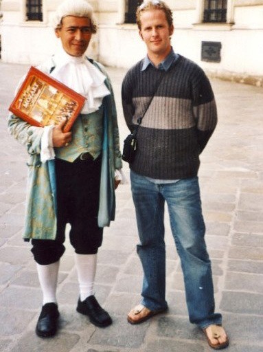 Ben with Mozart impersonator in Vienna Austria