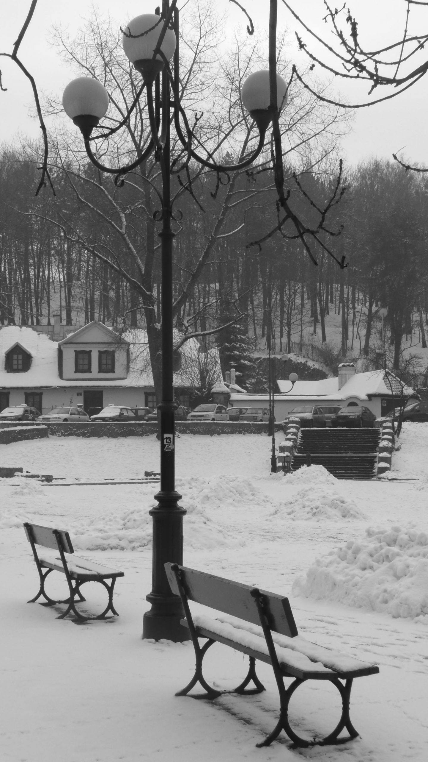 Benches covered in snow in Krakow Poland