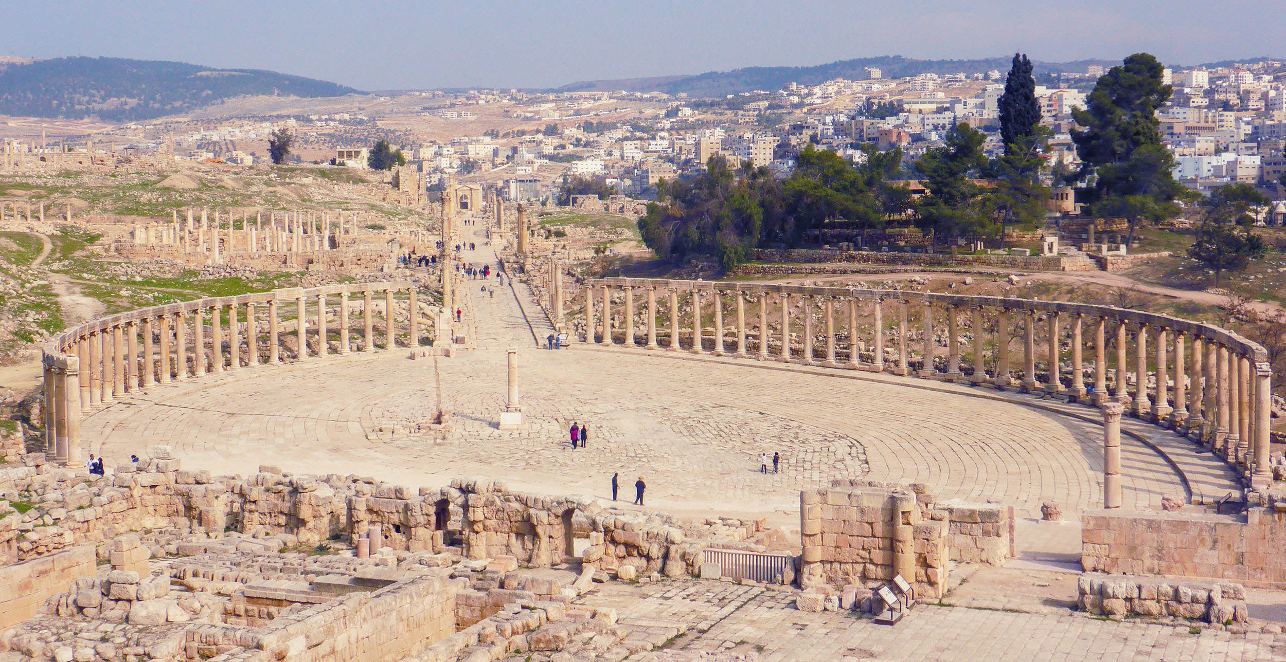 Bird's-eye view of the Forum (Oval Plaza) inside Jerash Jordan
