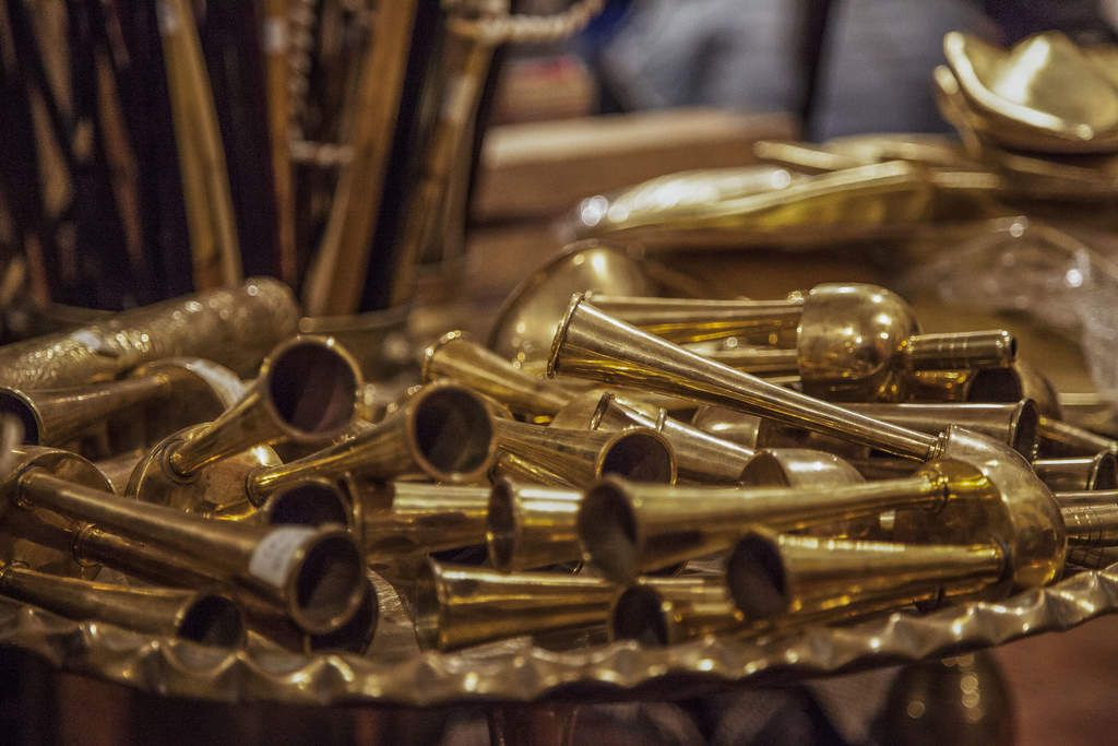 Brass instruments for sale inside Beit Ahmed in Souq Al-Mubarakiya Kuwait