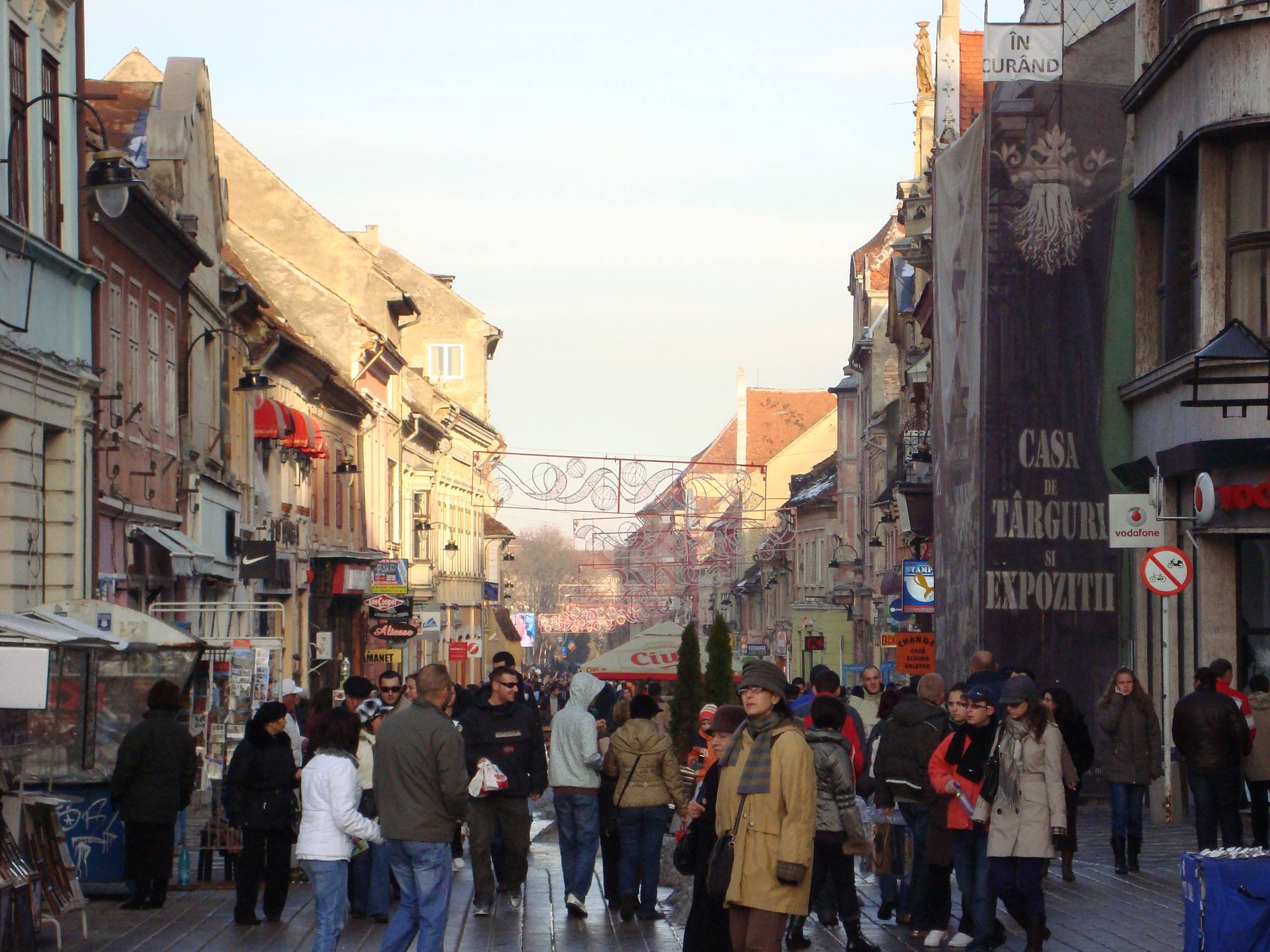 Bustling street in central Brasov Romania