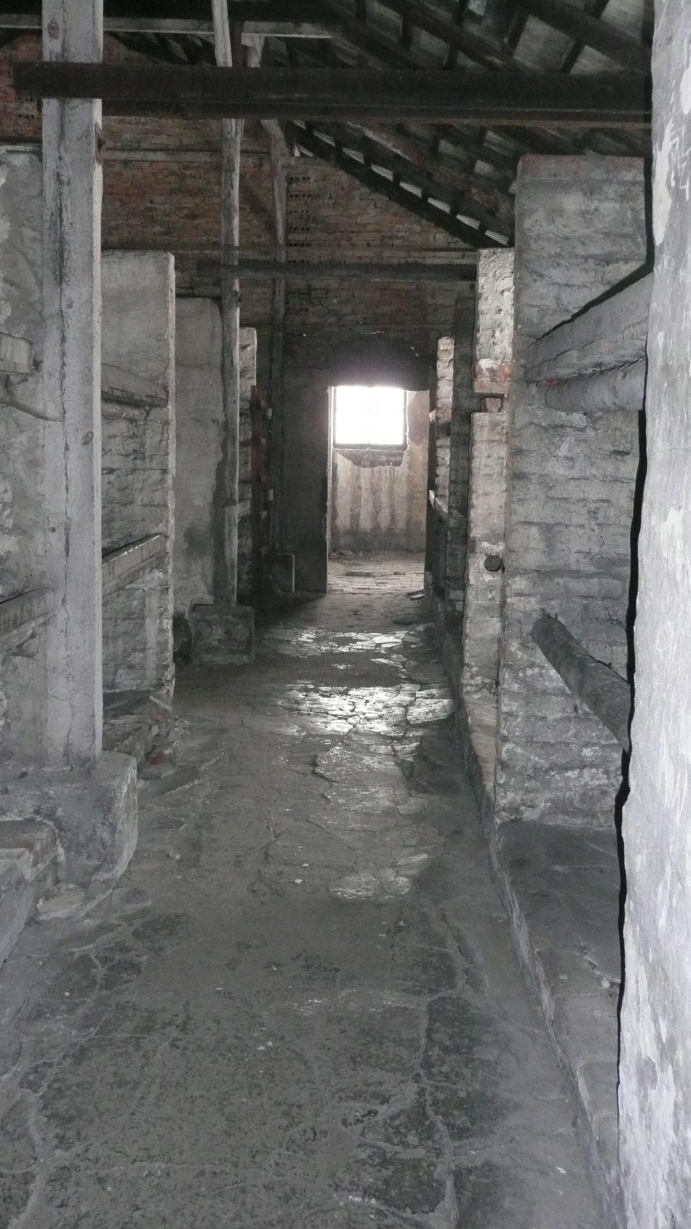 Concrete bunk beds inside Birkenau concentration camp in Poland