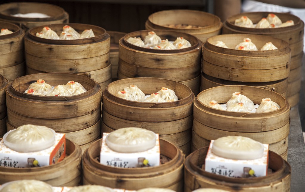 Dumplings in baskets at a market in China
