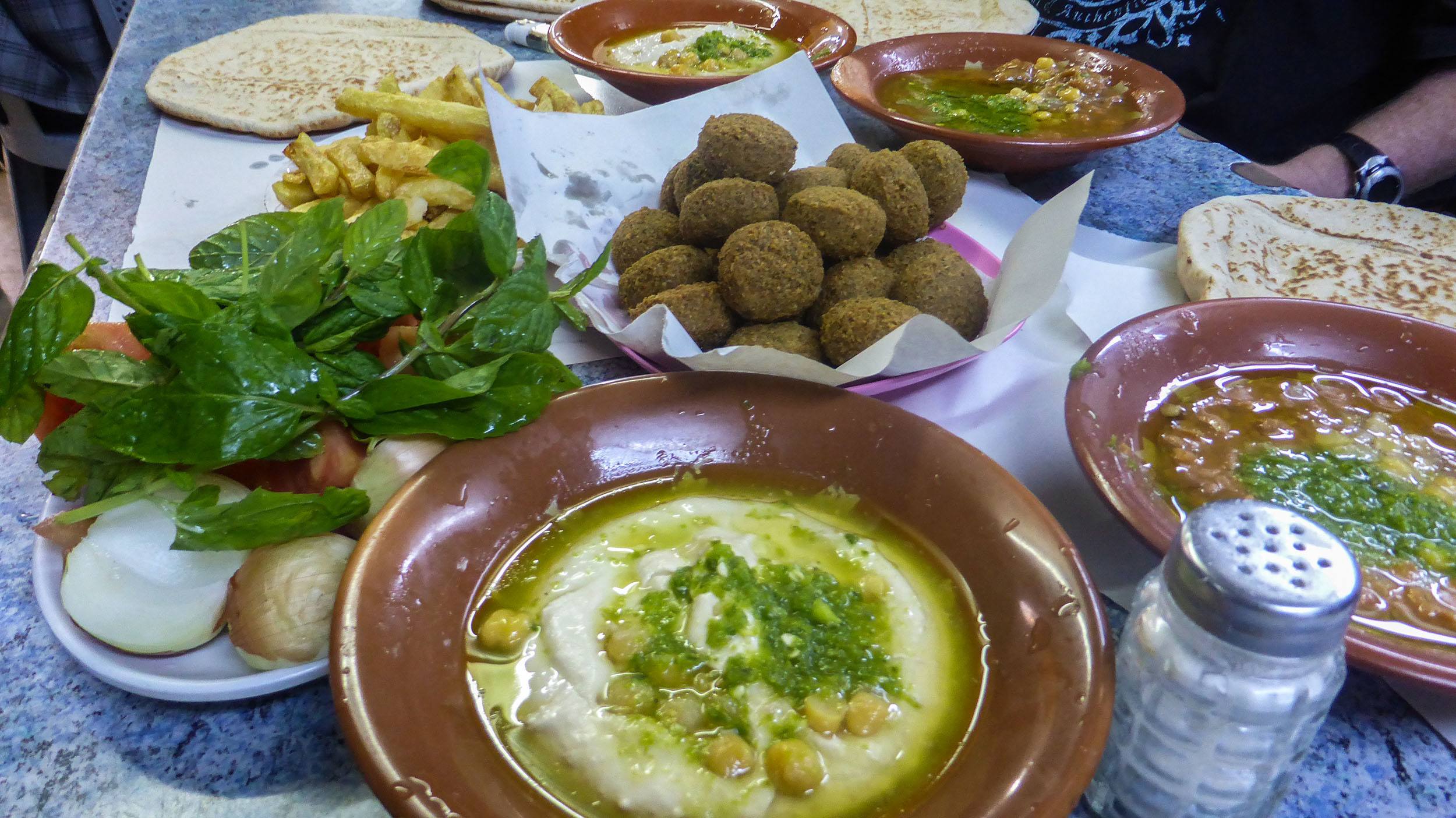 Falafel with hummus and pita at Hashem Restaurant Downtown in Amman Jordan