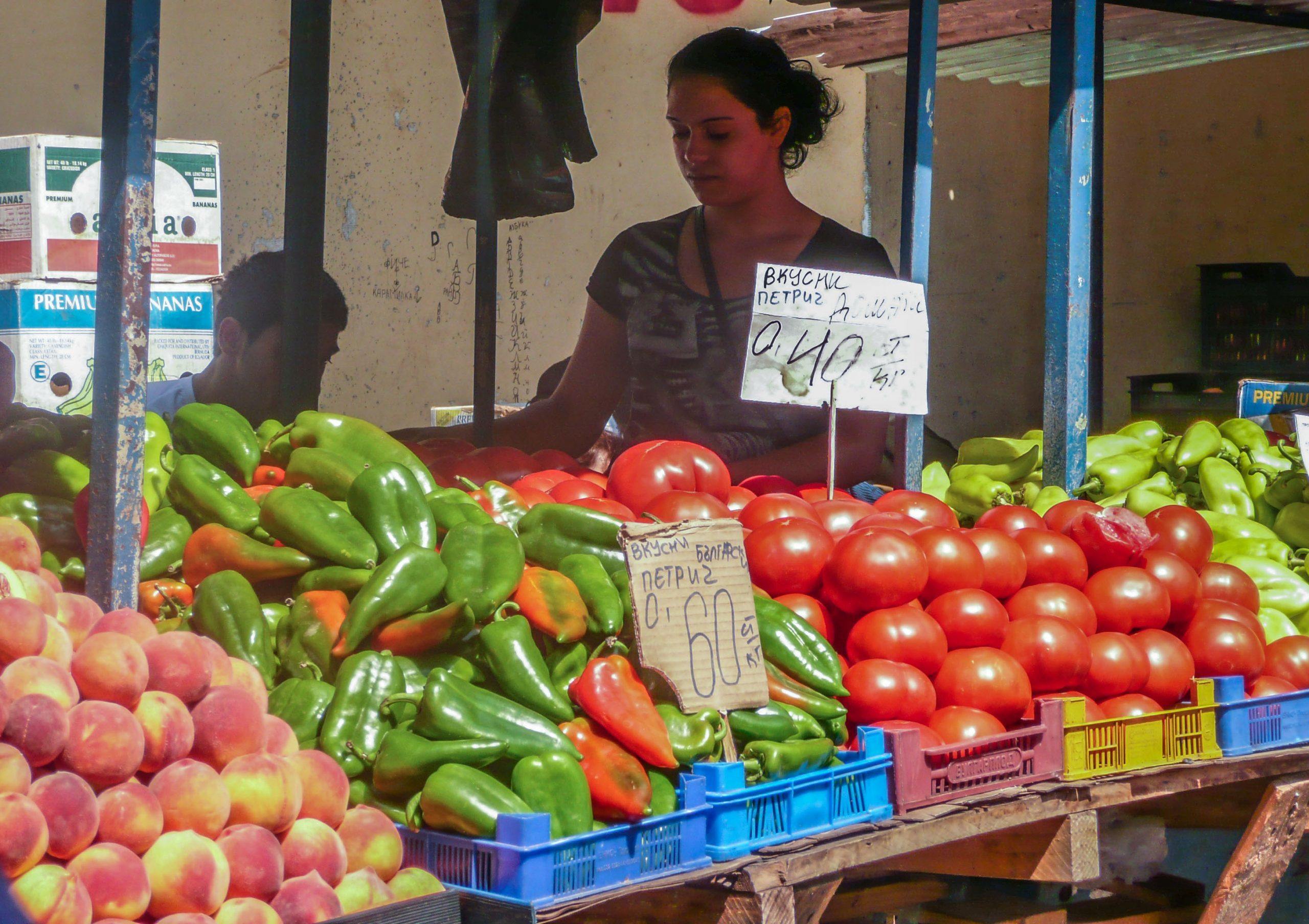 Food stall at farmer's market in Sofia Bulgaria