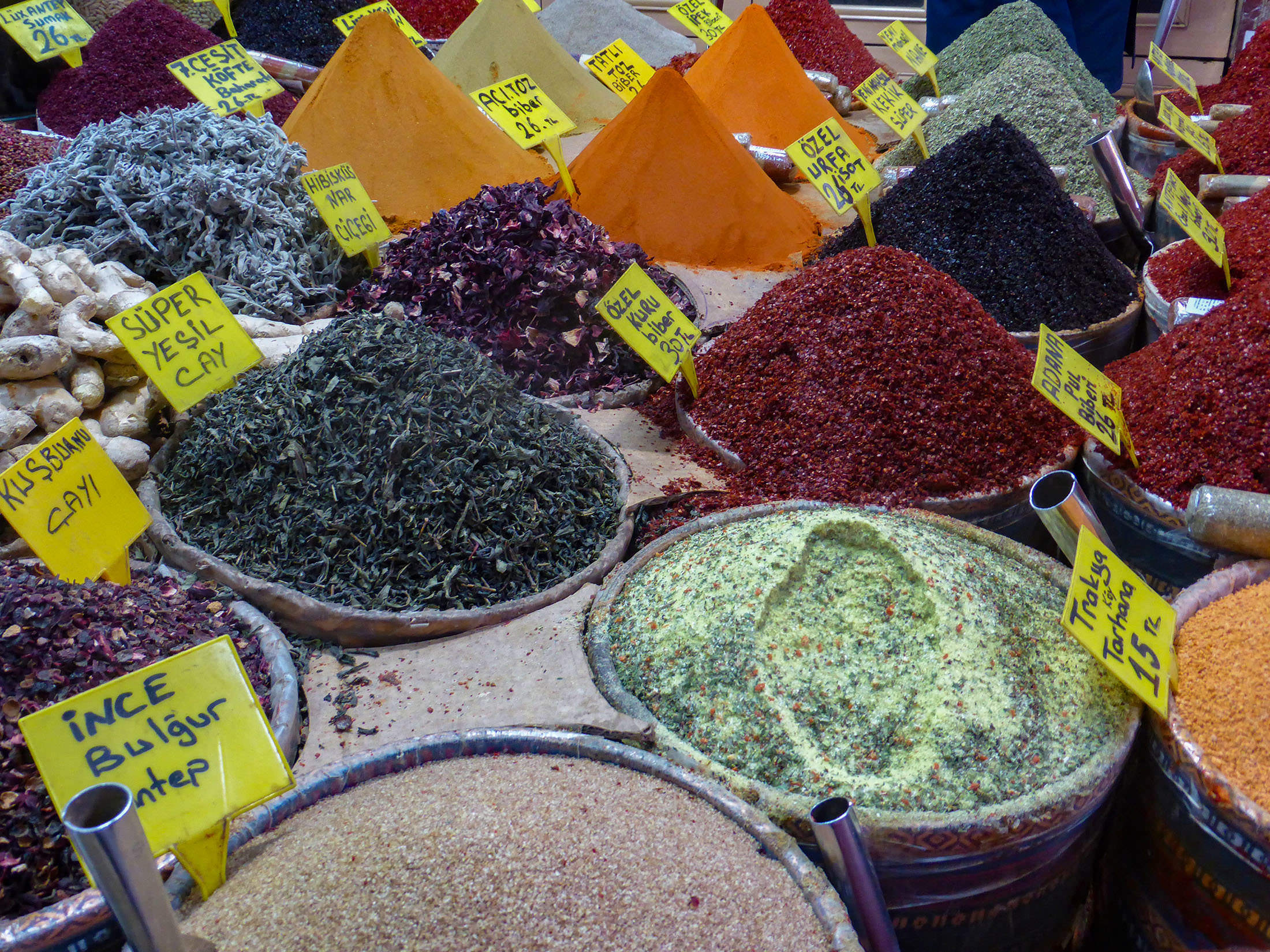 Heaped spices and herbs inside Istanbul's Grand Bazaar Turkey