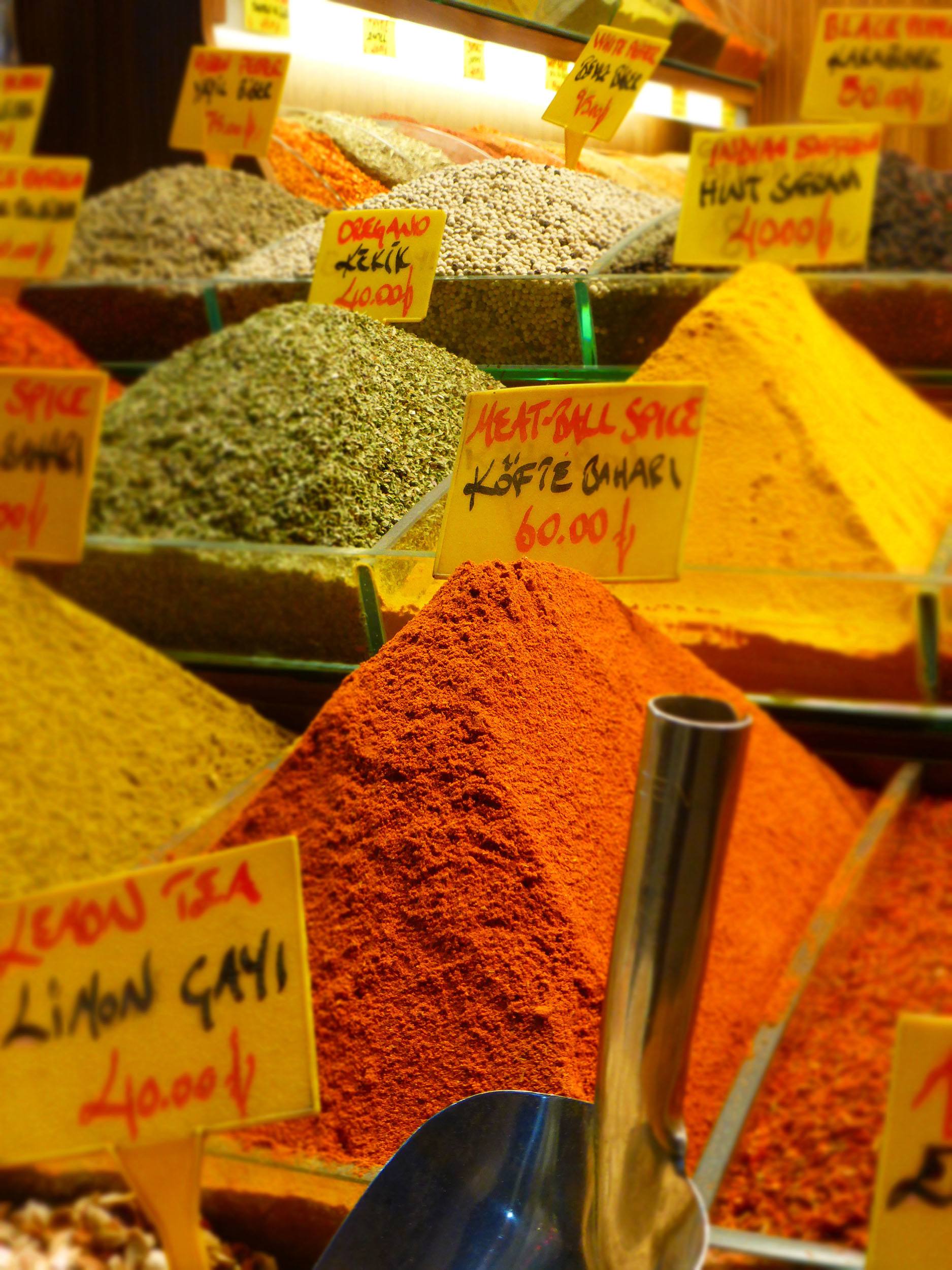Heaped spices in a store within the Grand Bazaar in Istanbul Turkey