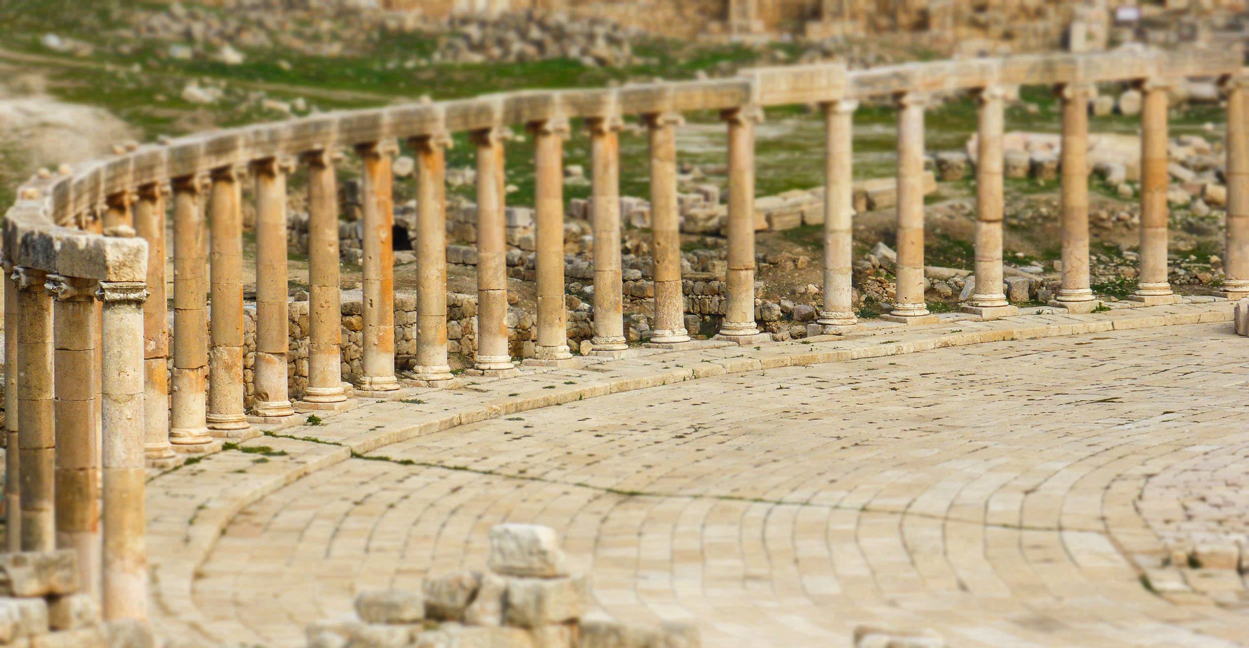 Joined columns of the Forum (Oval Plaza) at Jerash Jordan
