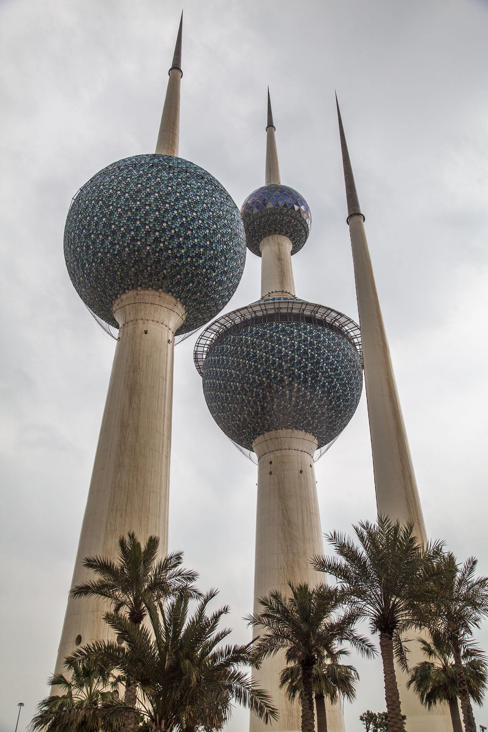 Kuwait Towers surrounded by palms