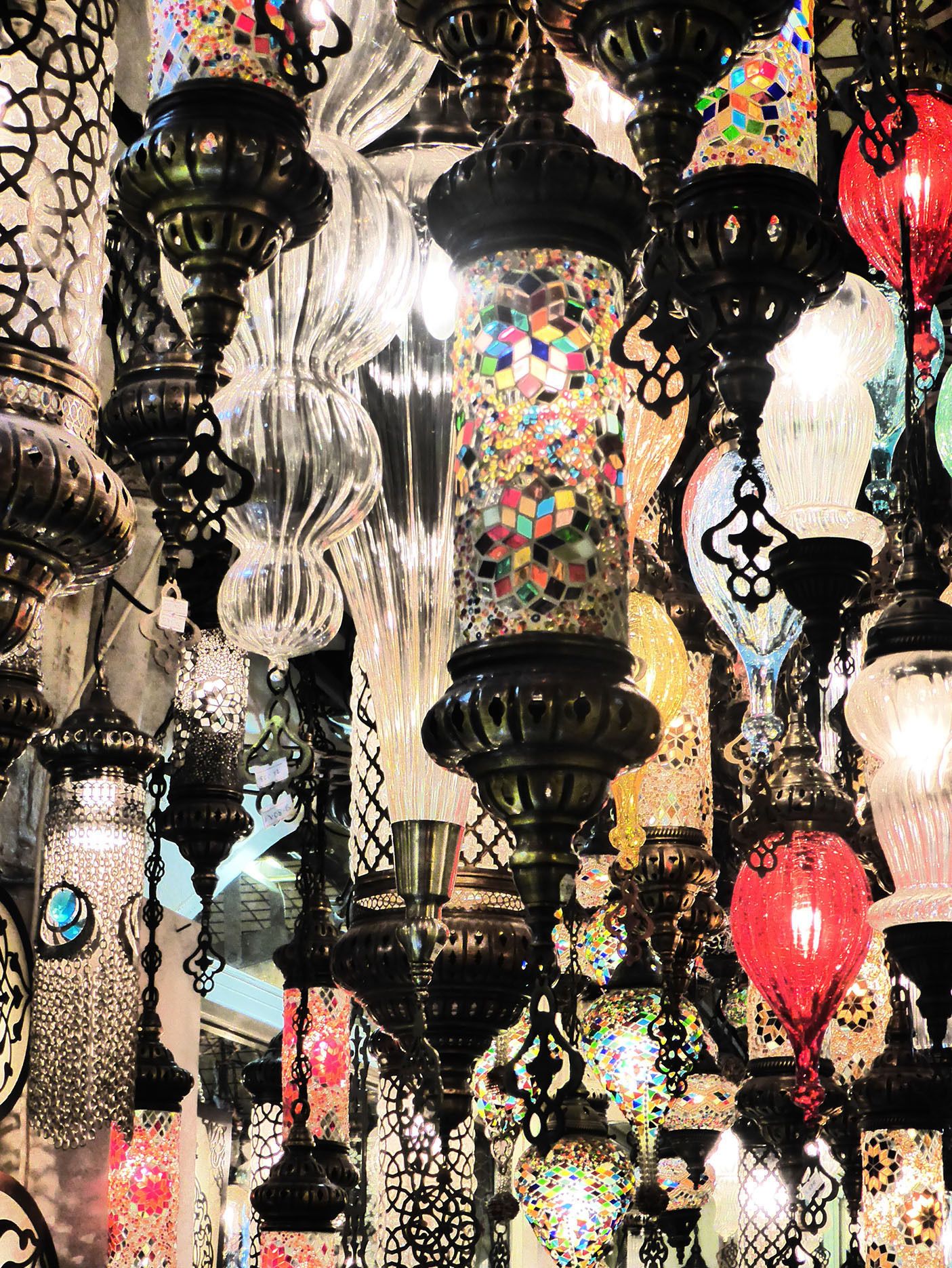 Lanterns hanging inside store of Grand Bazaar in Istanbul Turkey