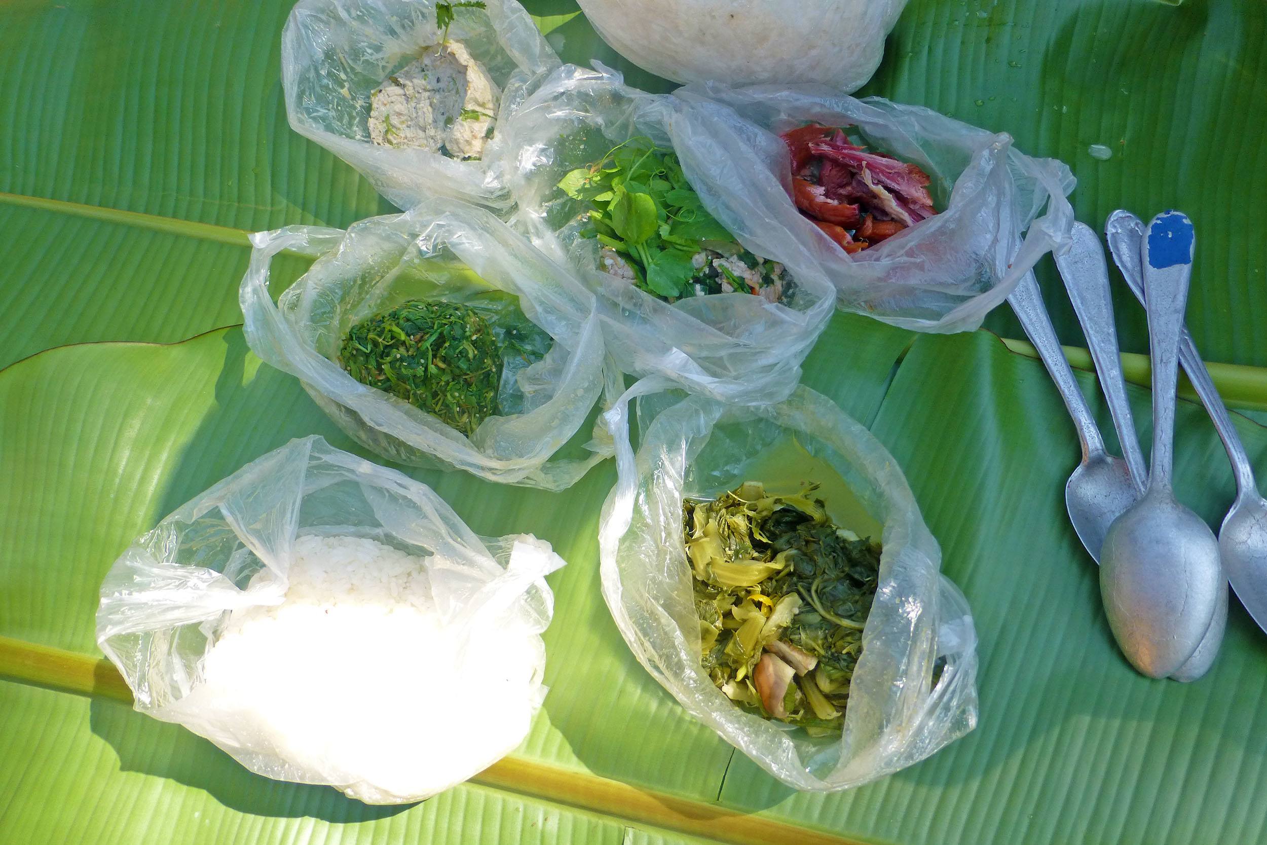 Lunch on a banana leaf in the Laotian jungle