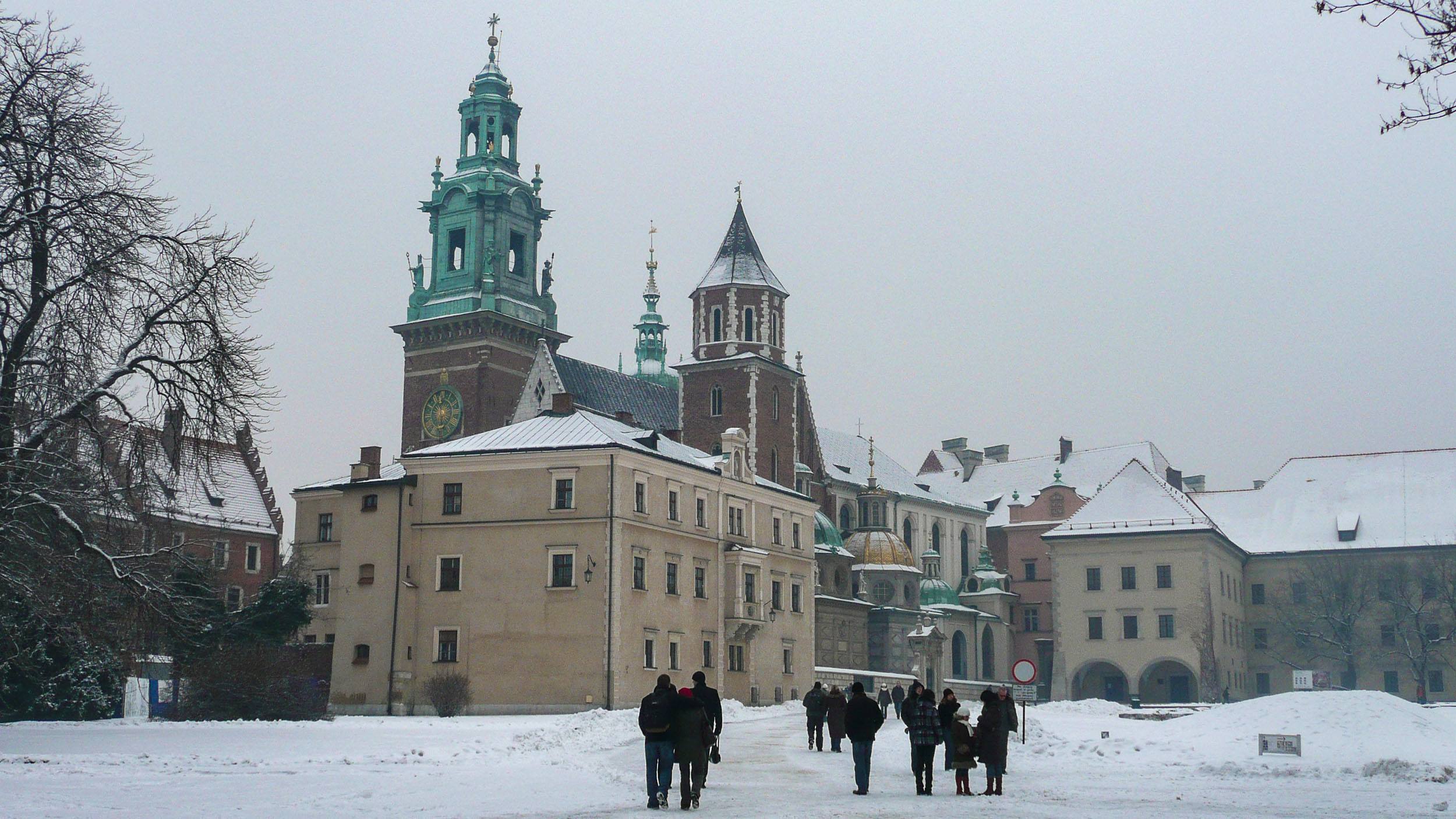 Old Town Krakow covered in snow Poland