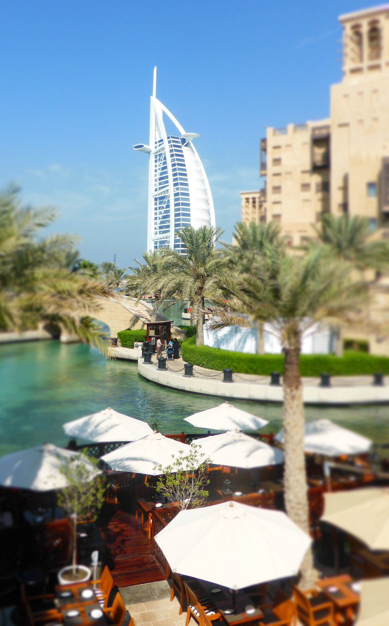 Restaurant with view of Burj Al Arab in Souk Madinat Jumeirah Dubai United Arab Emirates