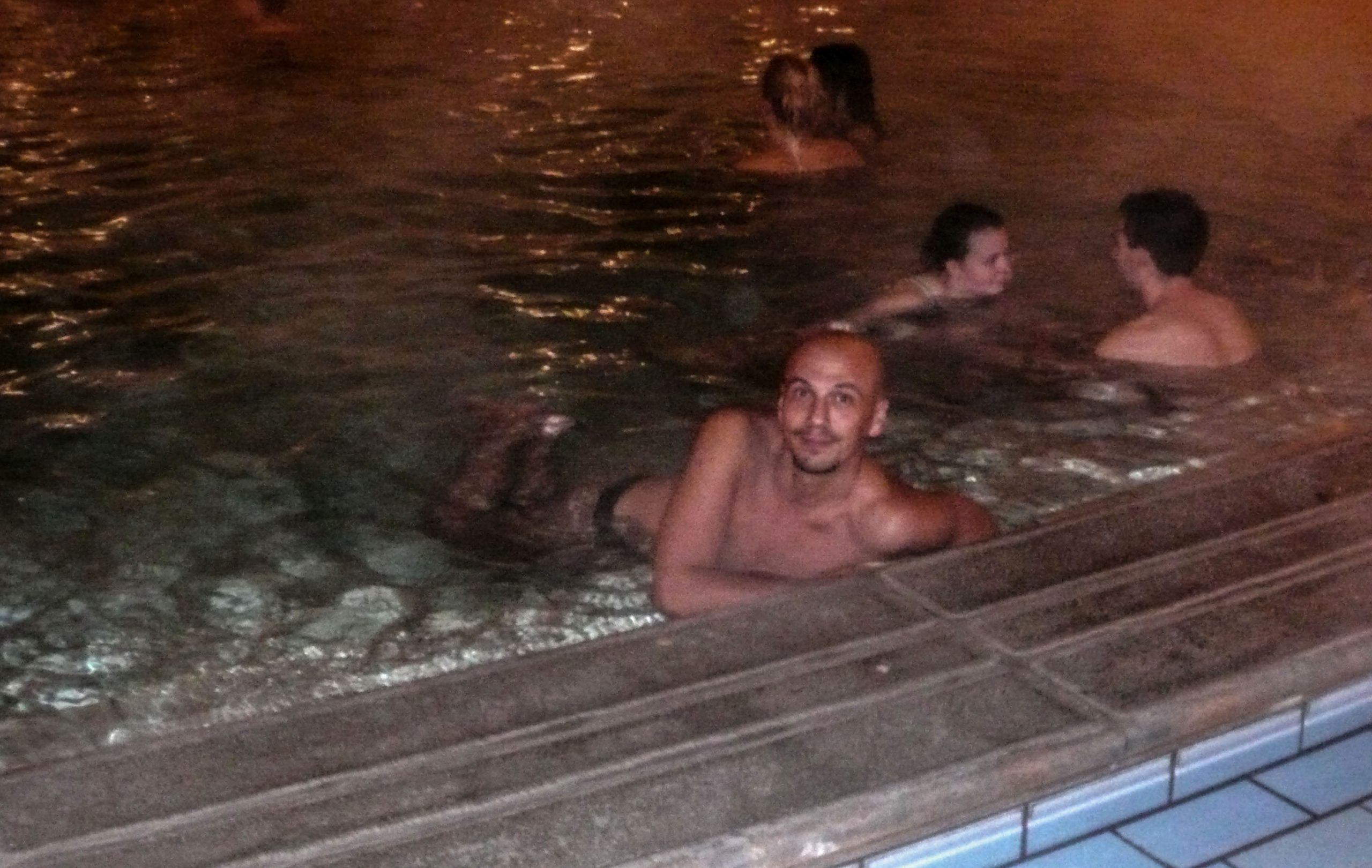 Roberto in outdoor thermal pool at Szechenyi Baths in Budapest Hungary