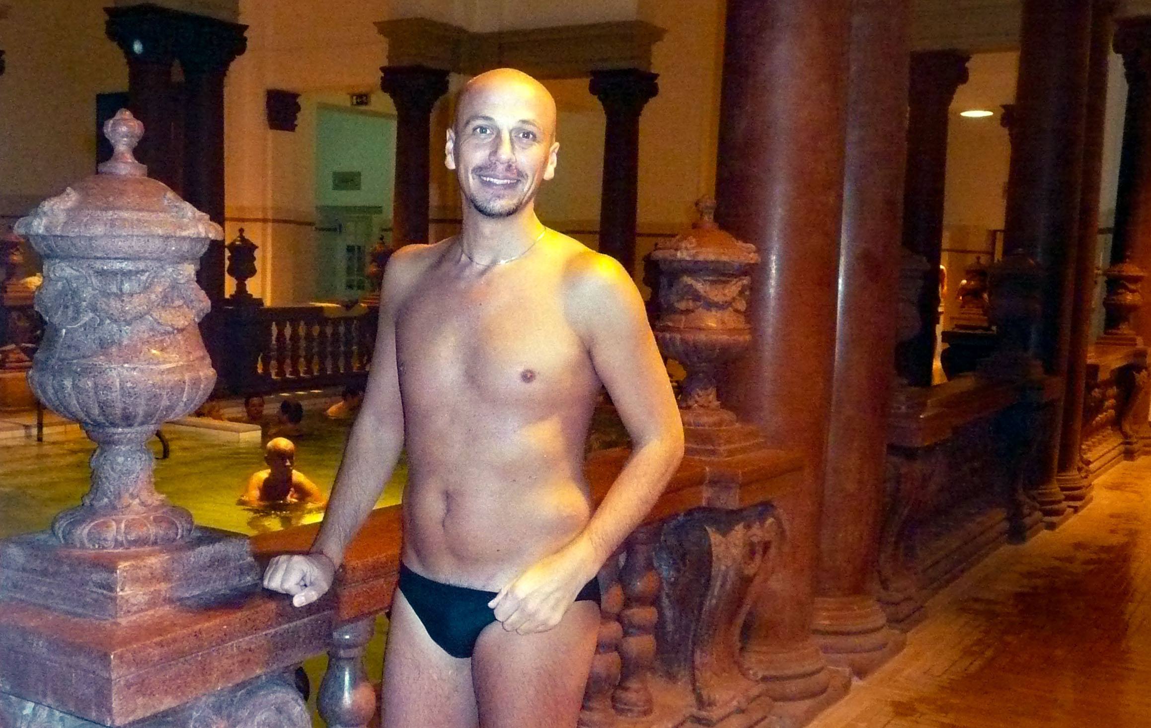 Roberto in speedos inside Szechenyi Baths in Budapest Hungary