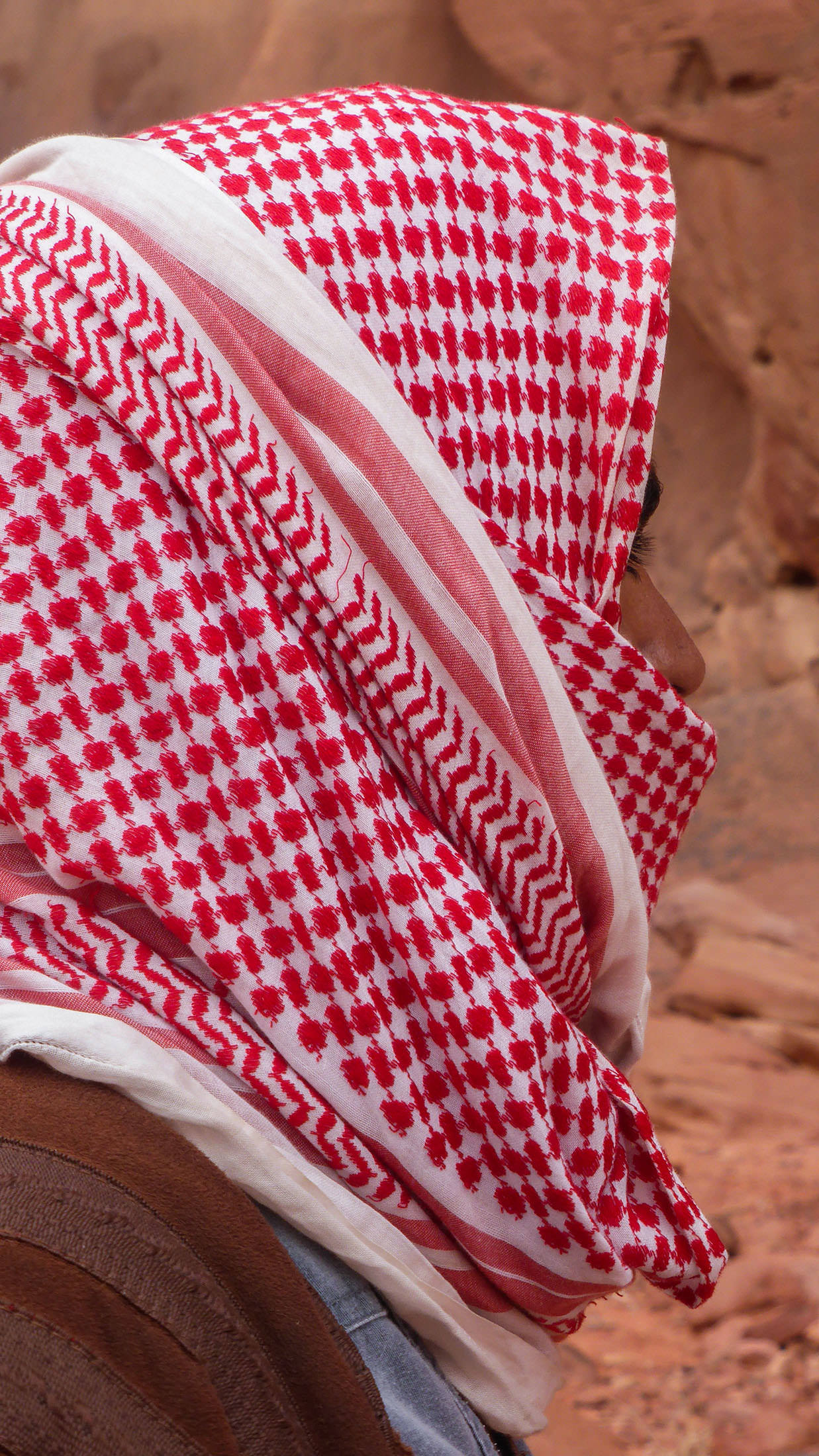 Side of scarf-covered head in Wadi Rum Jordan