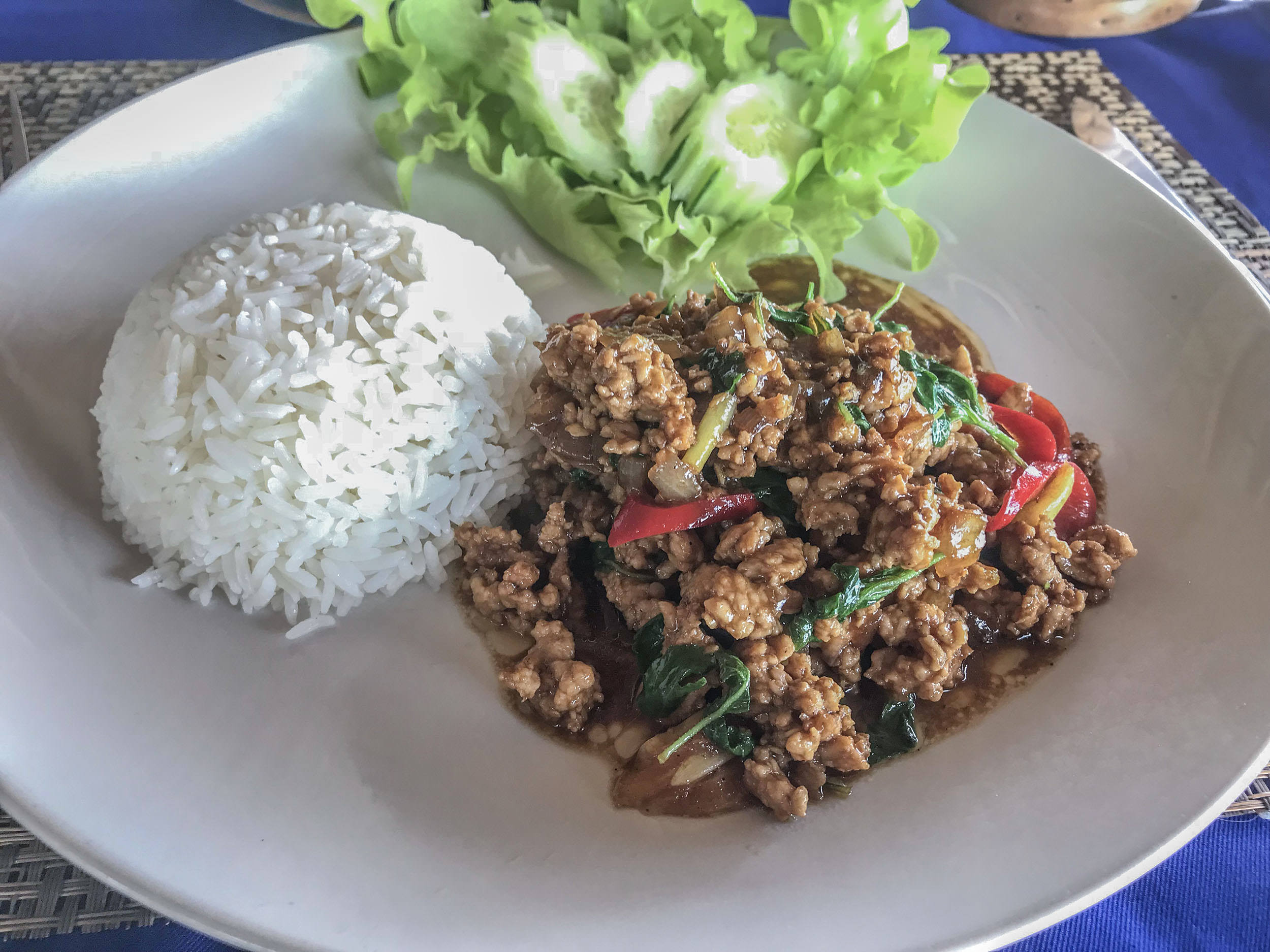 Thai Basil Chicken at The White Pearl Beach Resort Restaurant on Bang Po Koh Samui Thailand