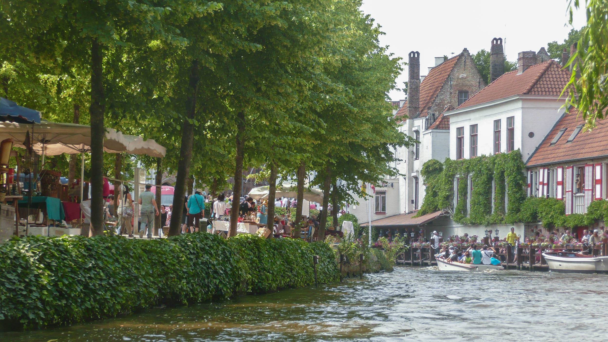 Trees lining the canal in Bruges Belgium