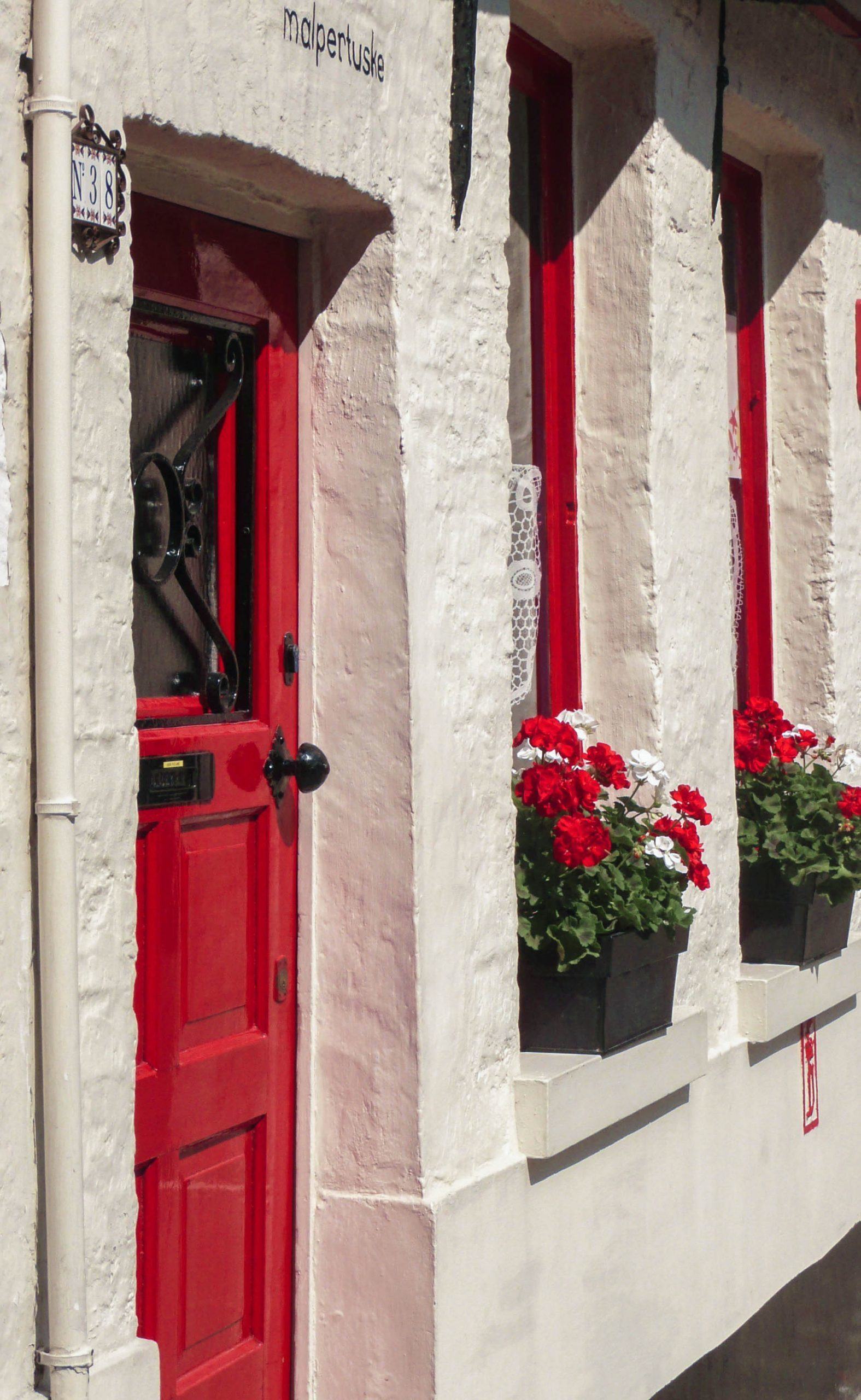 Window boxes with red and white geraniums in Bruges Belgium