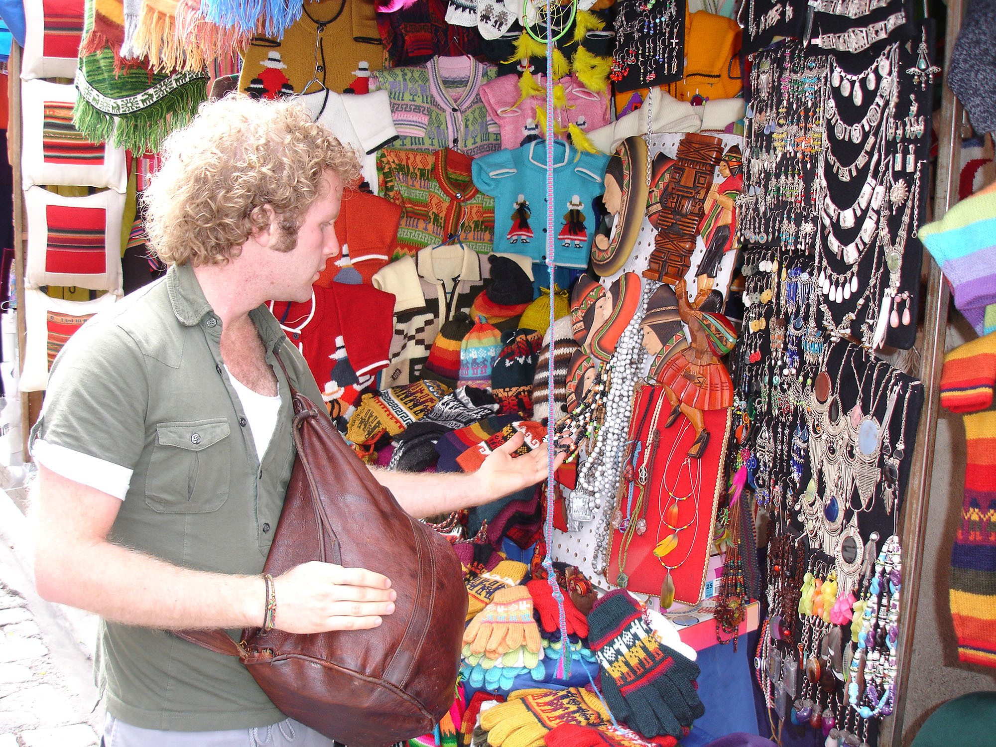 Ben looking at local crafts at a market in La Paz Bolivia