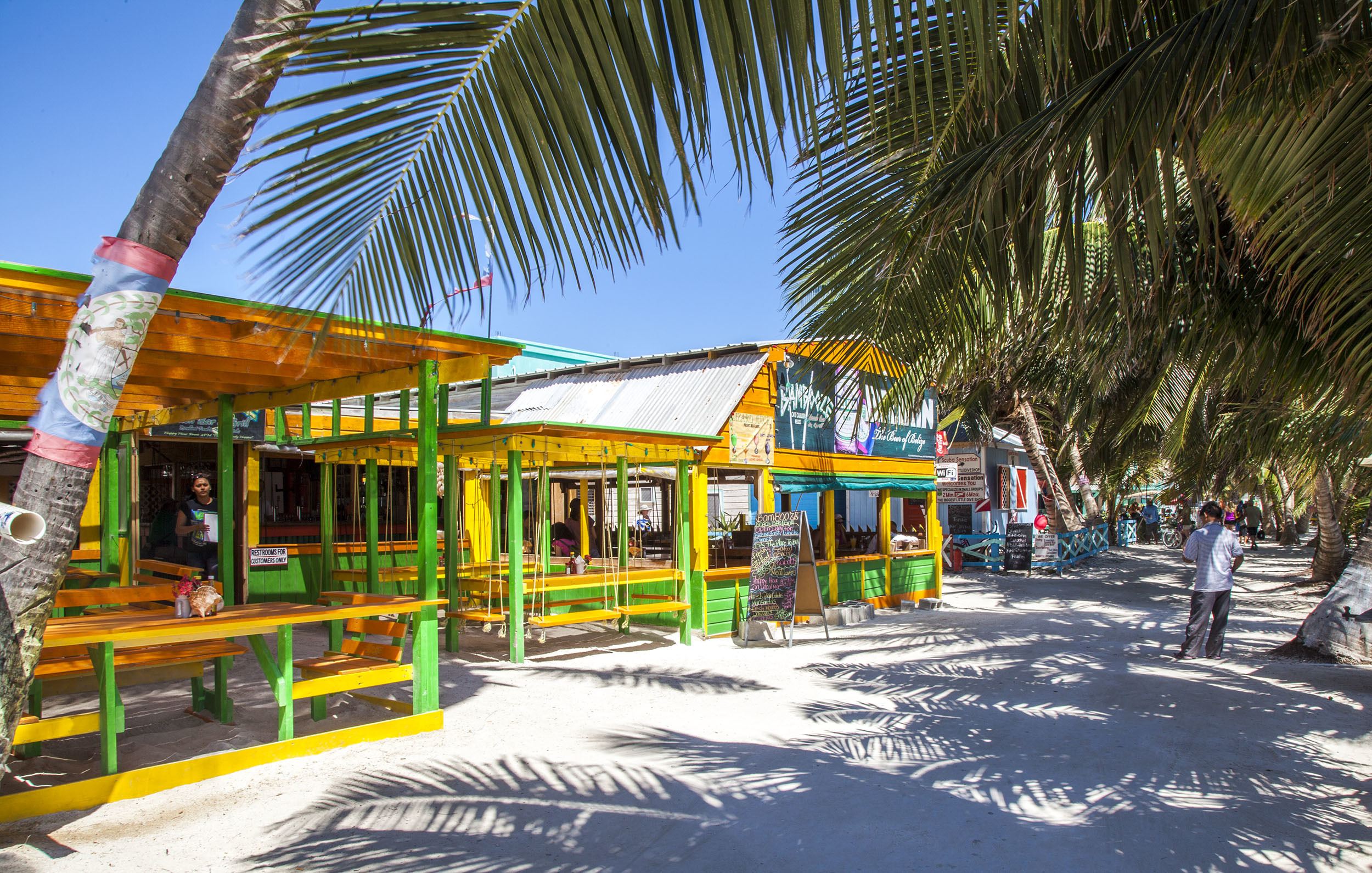 Colourful restaurants on the beach on Caye Caulker Belize