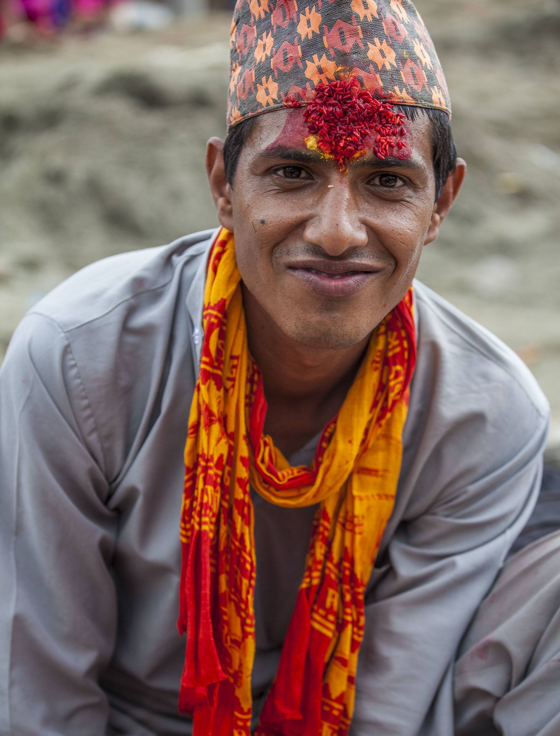 Man with large bindi during Teej in Kathmandu Nepal