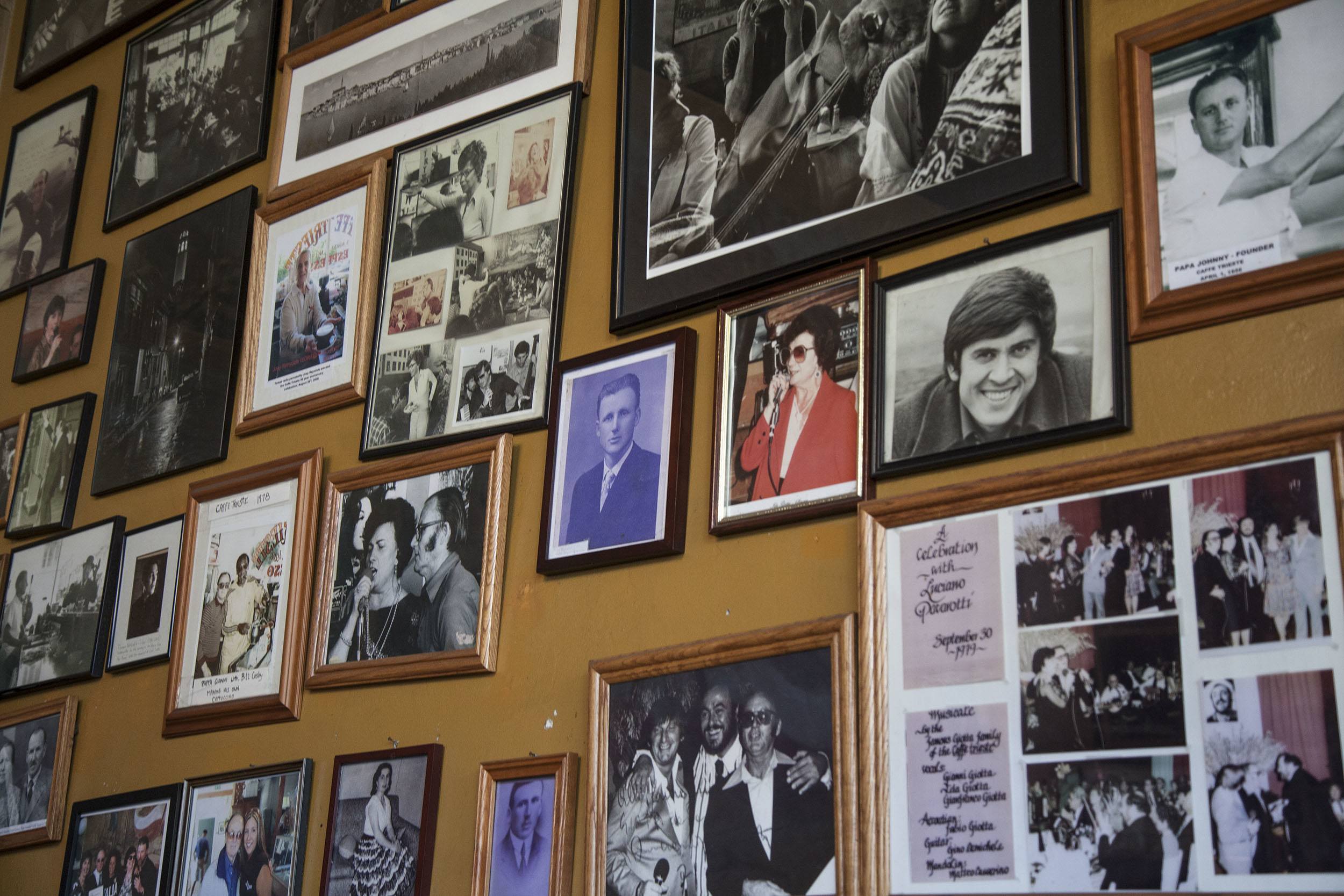 Pictures on the wall of Caffe Trieste in San Francisco USA
