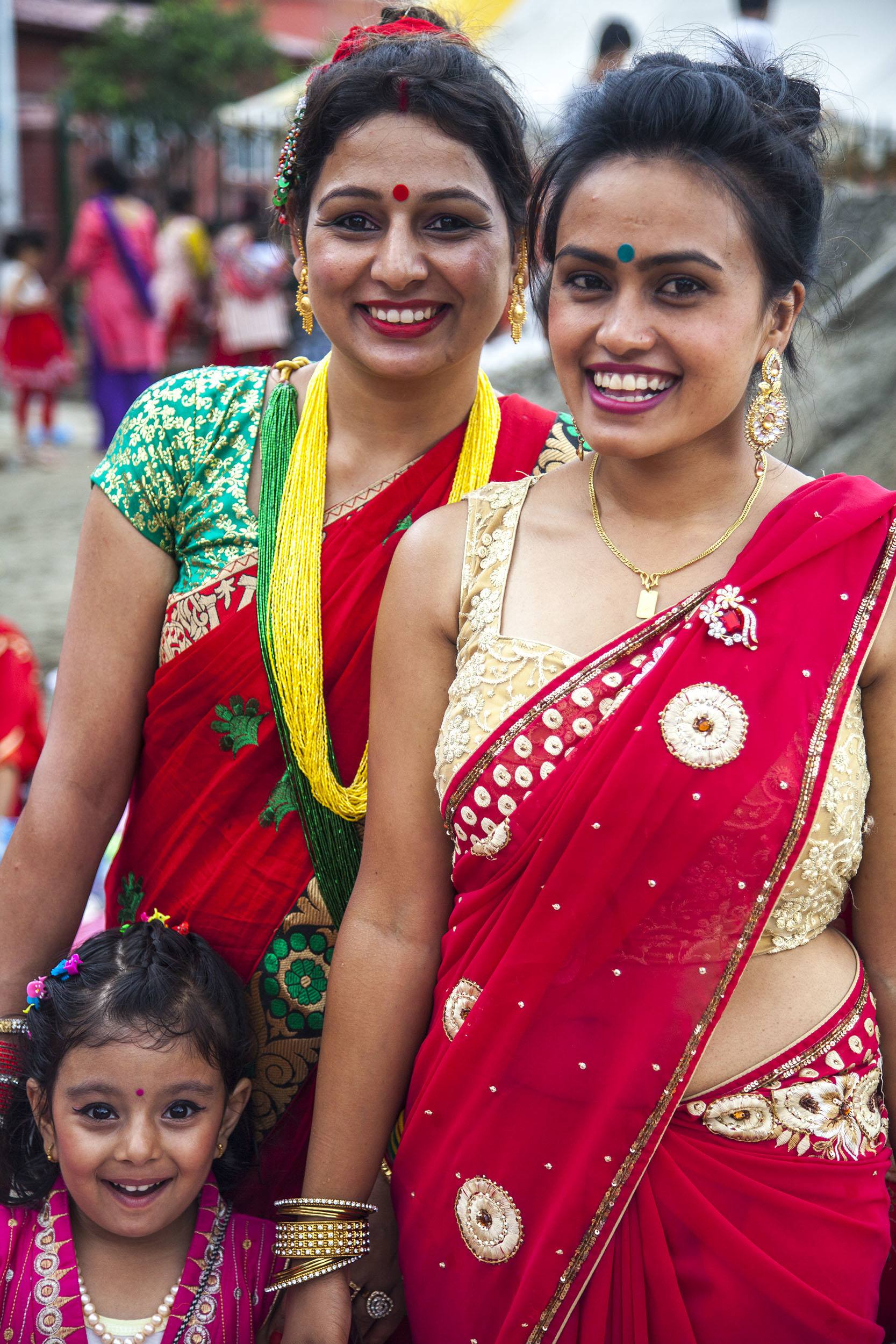 Two women and a girl at Teej Festival in Kathmandu Nepal