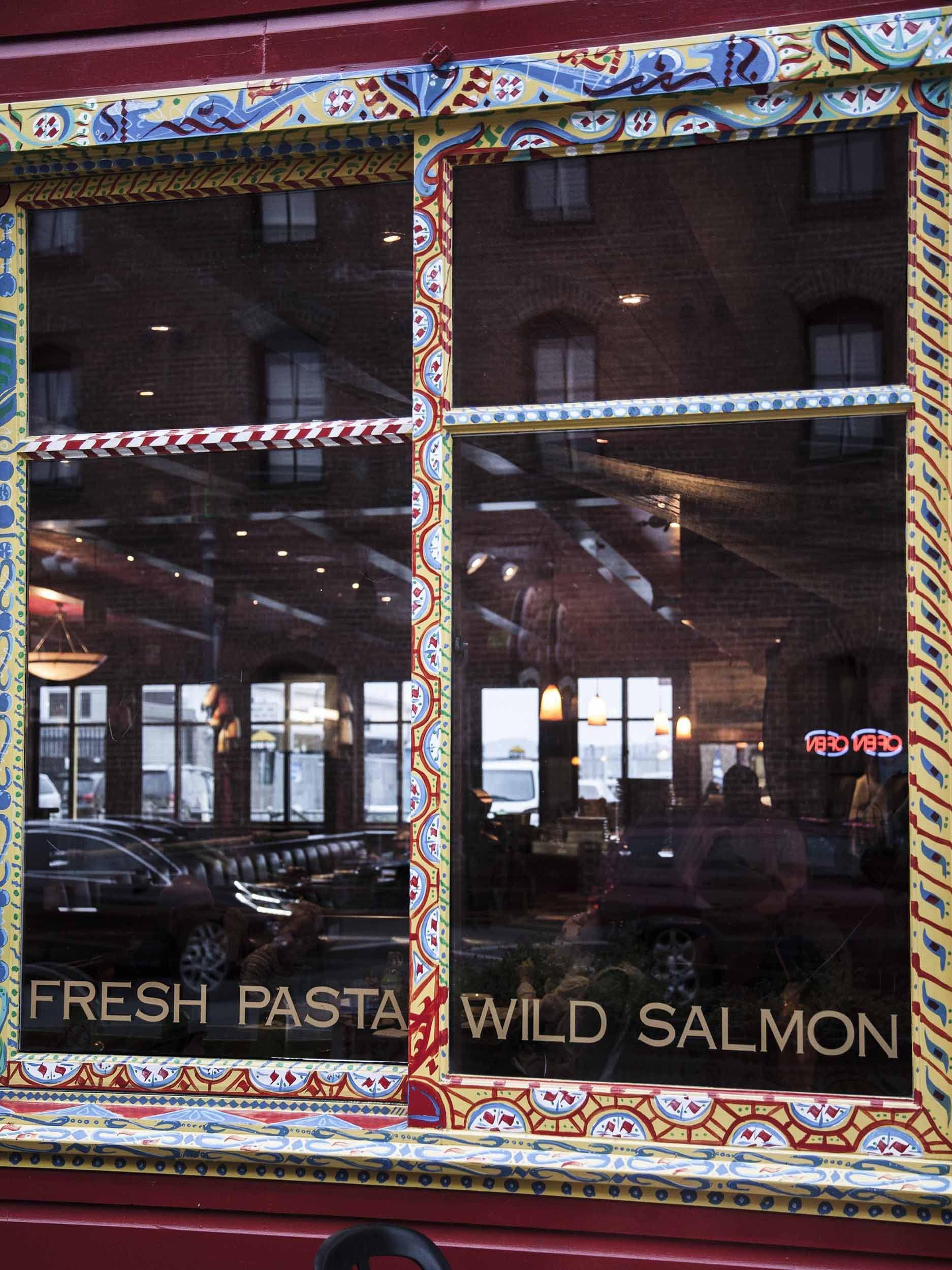 Window of restaurant at Fisherman's Wharf San Francisco USA
