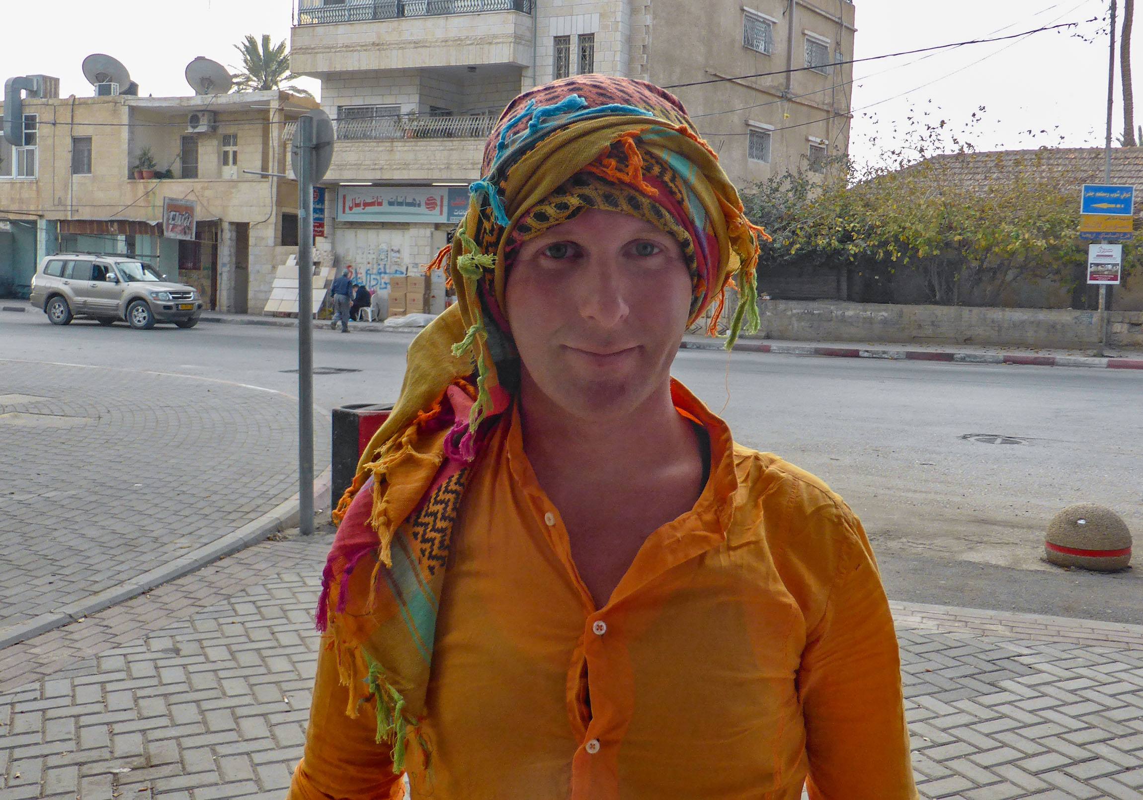 Ben wearing colourful head scarf in Jericho Palestine