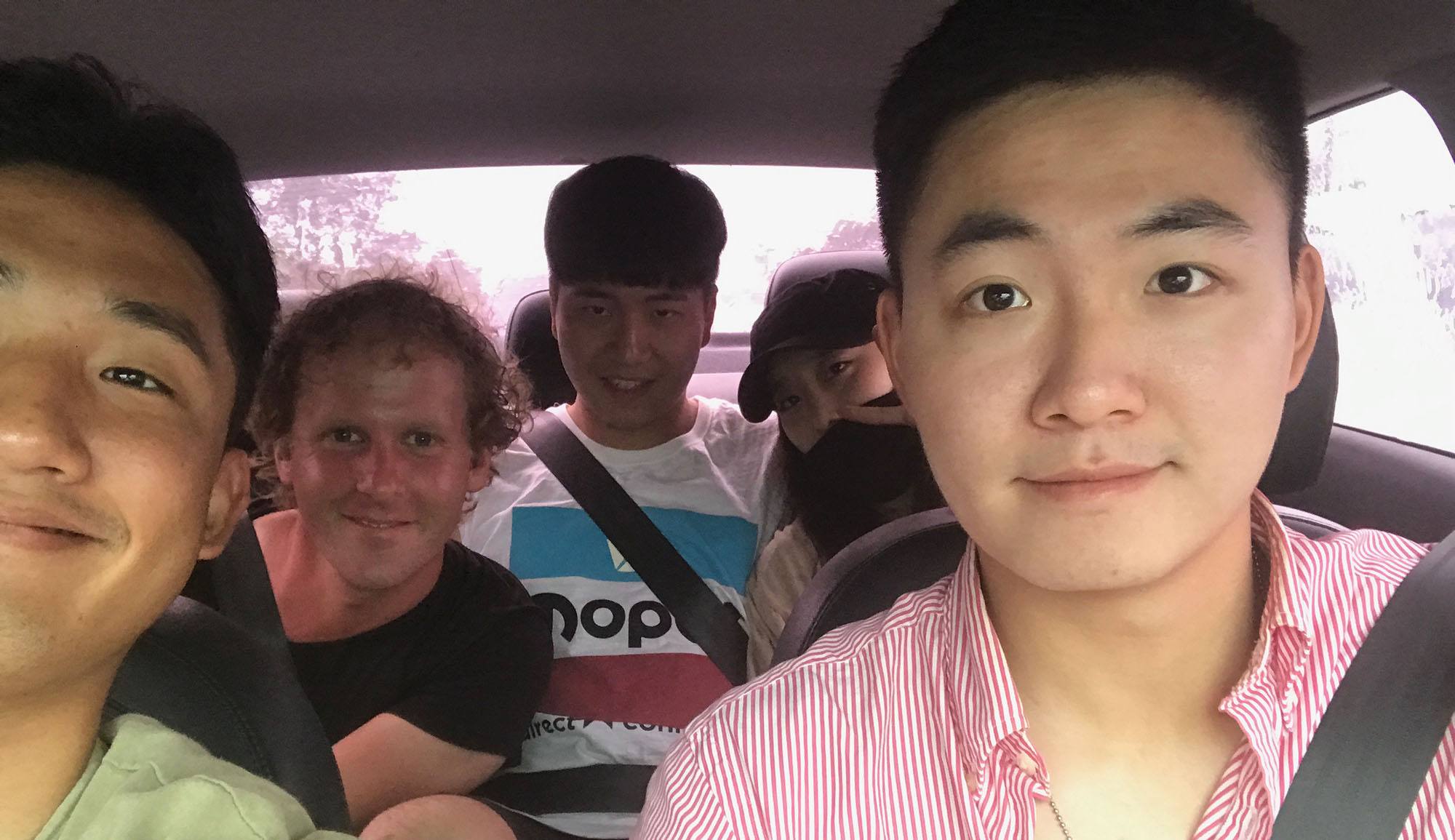 Ben getting a lift on Jeju with Koreans from Seoul