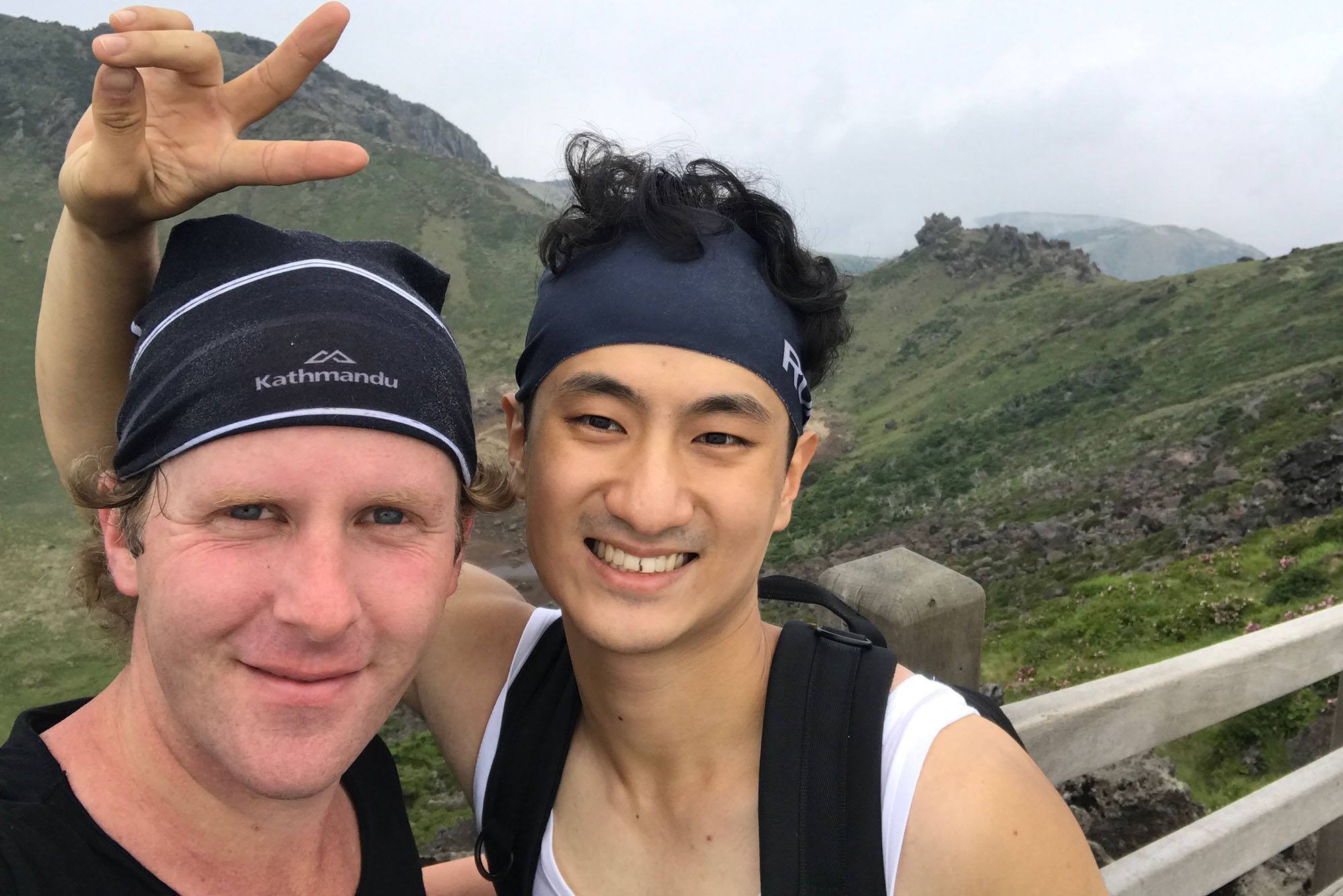 Ben with another hiker on Hallasan mountain Jeju Island Republic of Korea