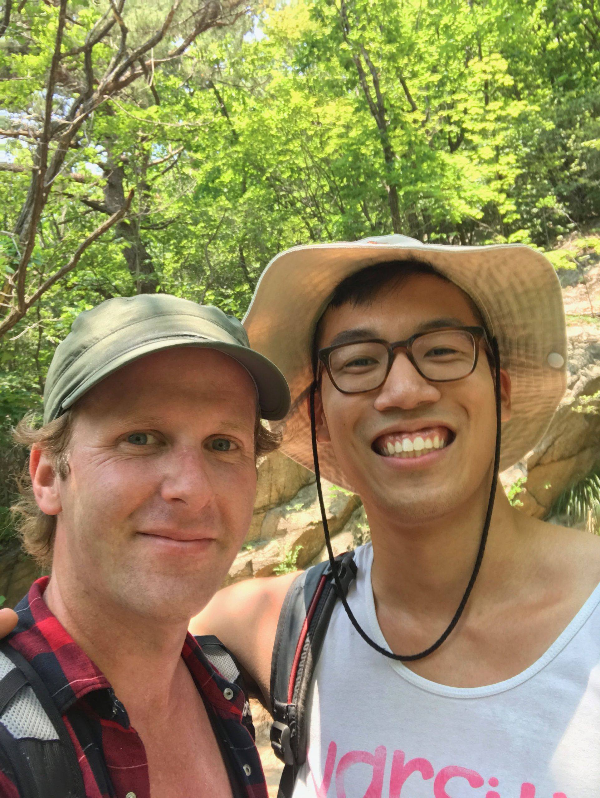 Ben with another traveller en route to Bukhansan Mountain summit in Seoul Republic of Korea