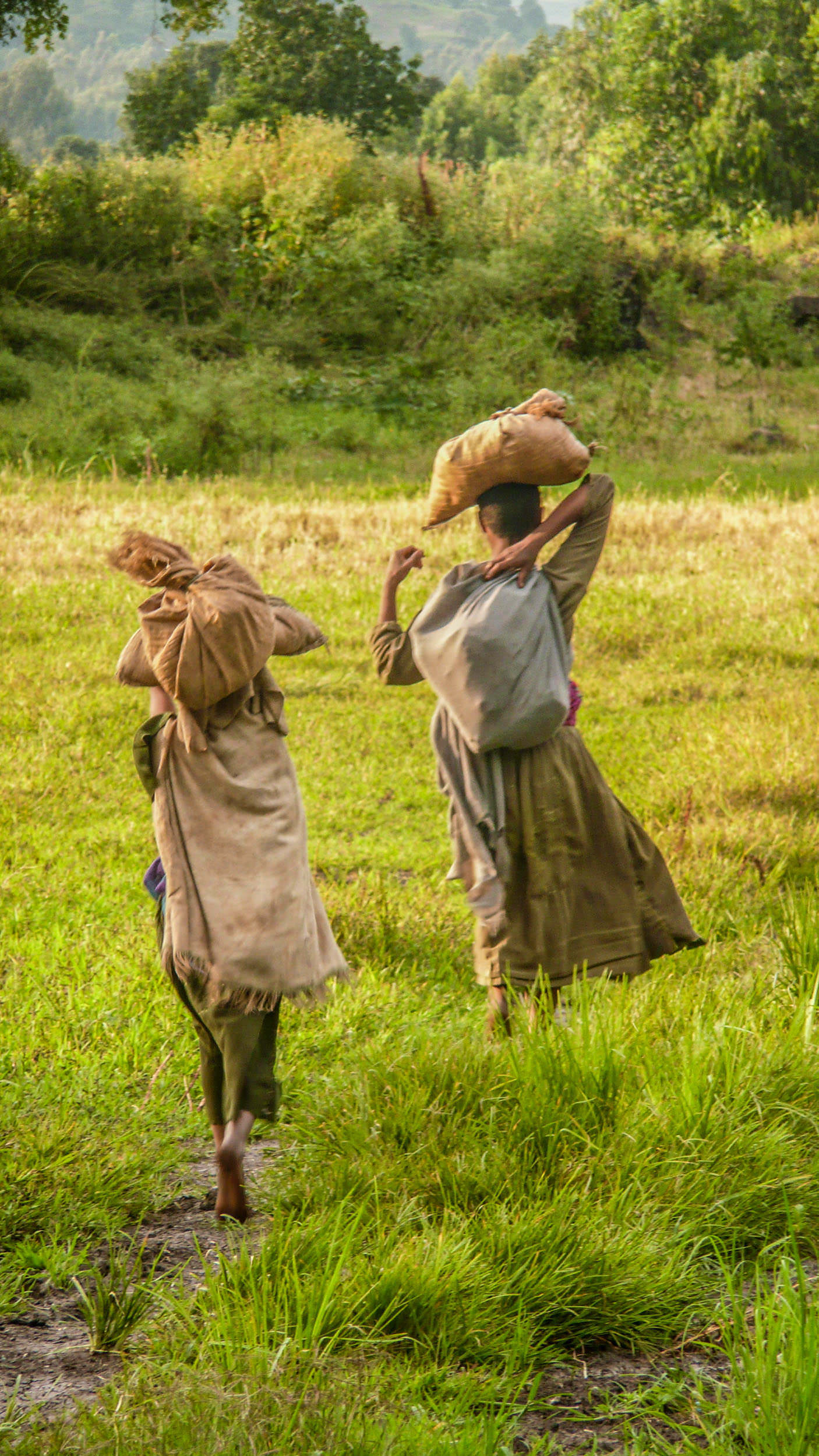 Ethiopian children carrying packages on their heads away from the Blue Nile Falls in Ethiopia