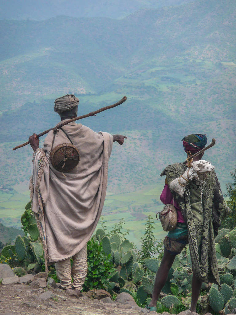 Father and child in the mountains near Lalibela Ethiopia