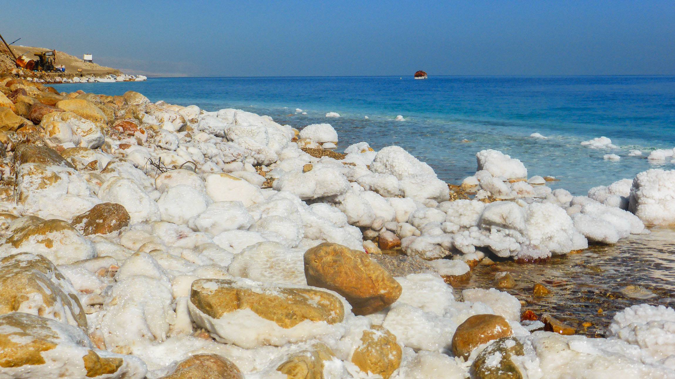 Salt crystals covering rocks by the Dead Sea in Israel