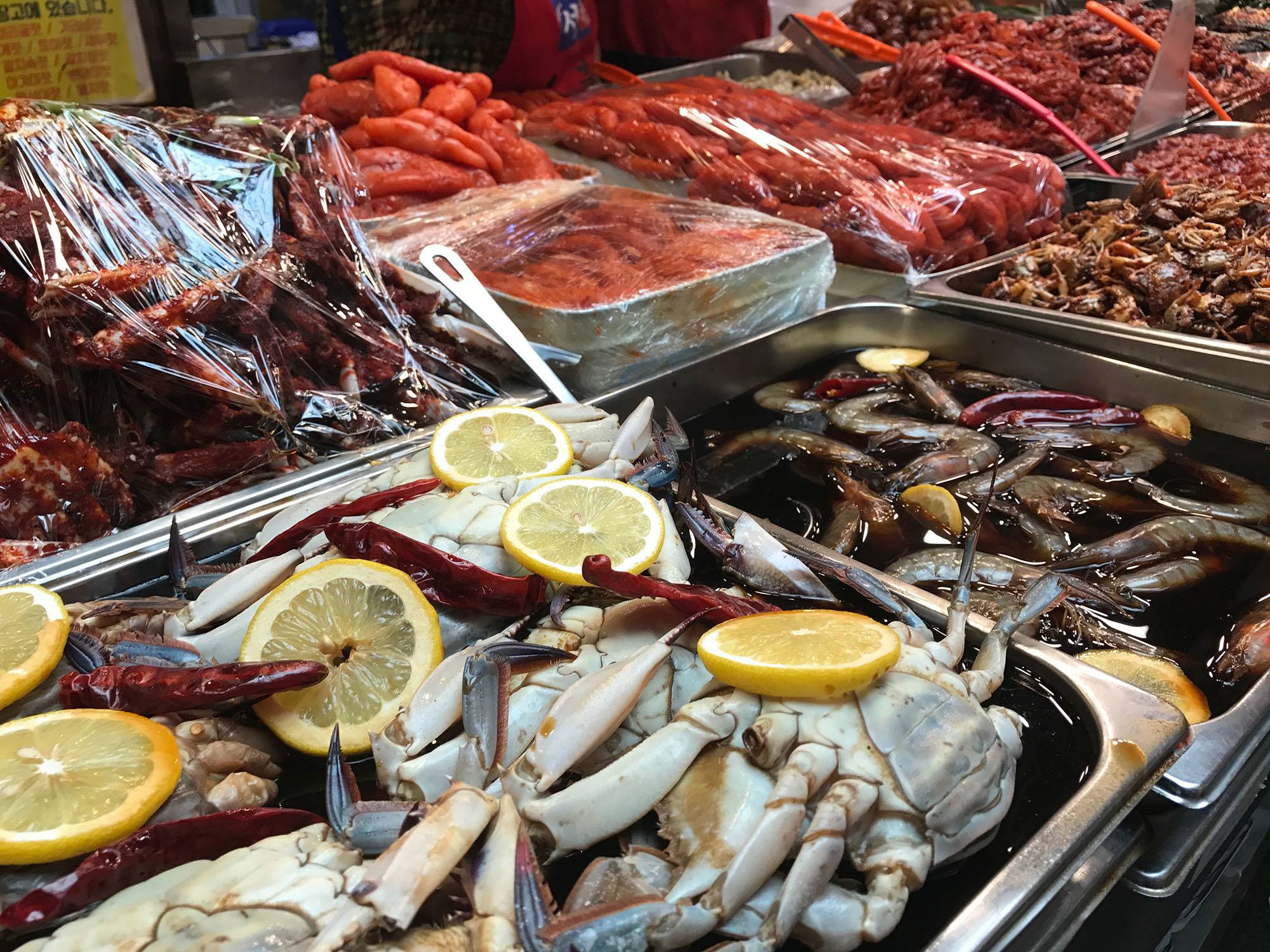 Seafood on sale at Gwangjang Market in Seoul Republic of Korea