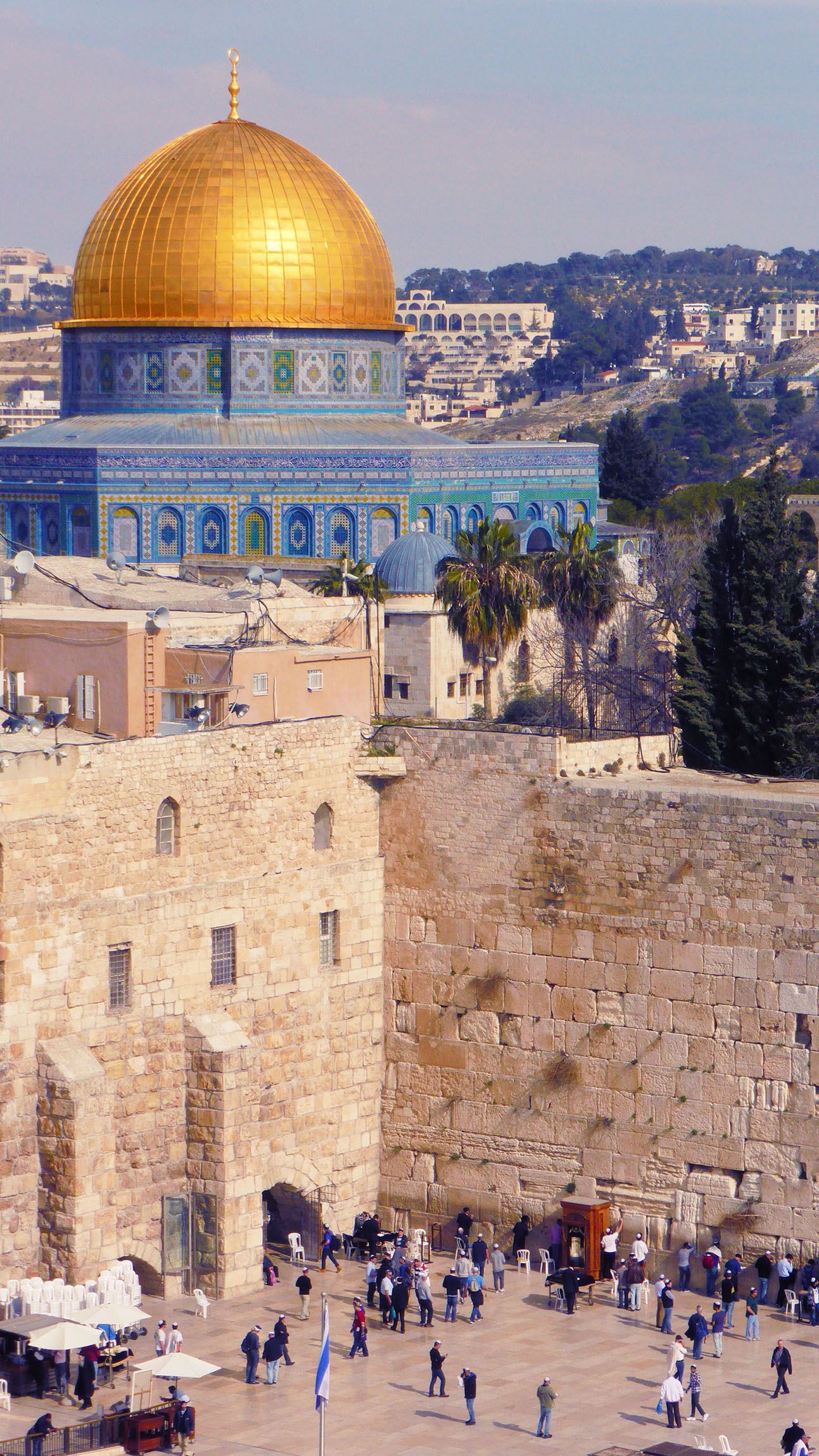 Wailing wall seen below Dome of the Rock in Jerusalem Israel