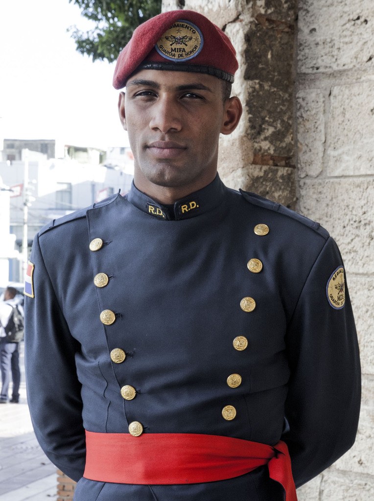 A Dominican man in uniform outside Parque Independencia Santo Domingo Dominican Republic